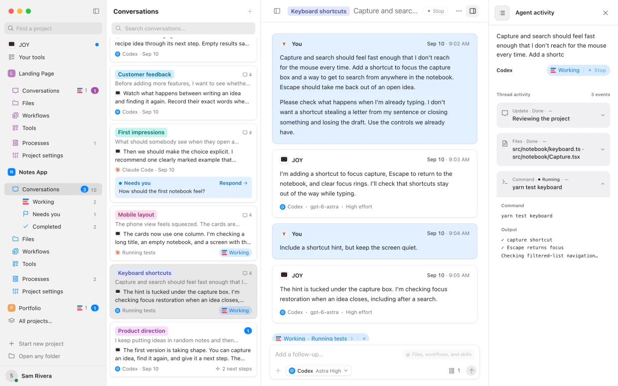 Agent activity: Follow what an agent is reading, changing and running while it works.