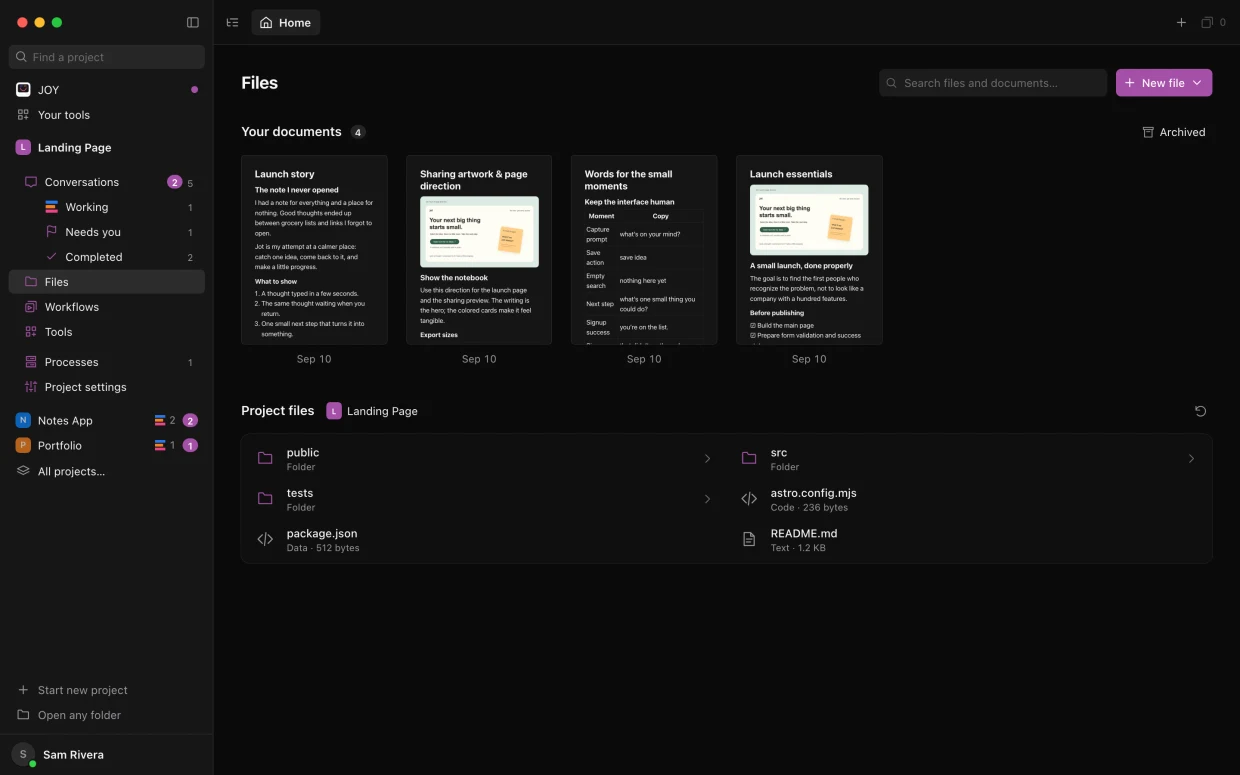 Files: Your documents and the project’s own files, side by side.