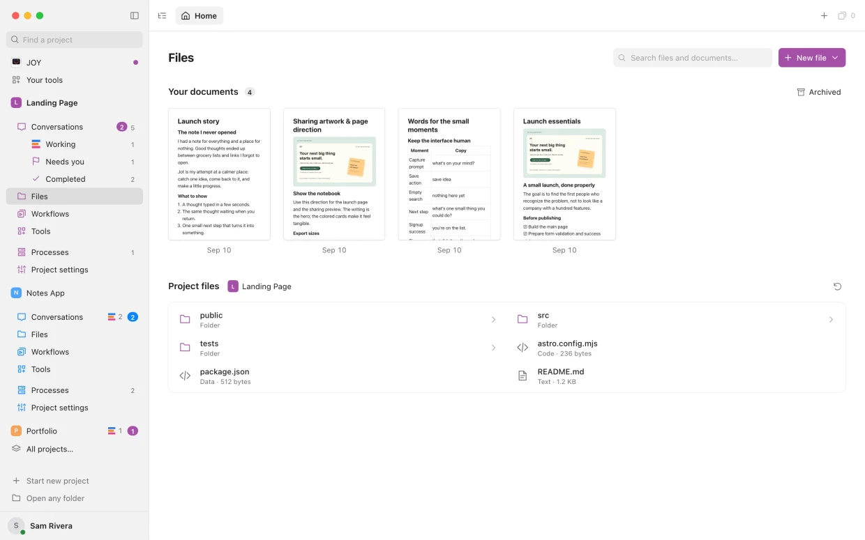 Files: Your documents and the project’s own files, side by side.
