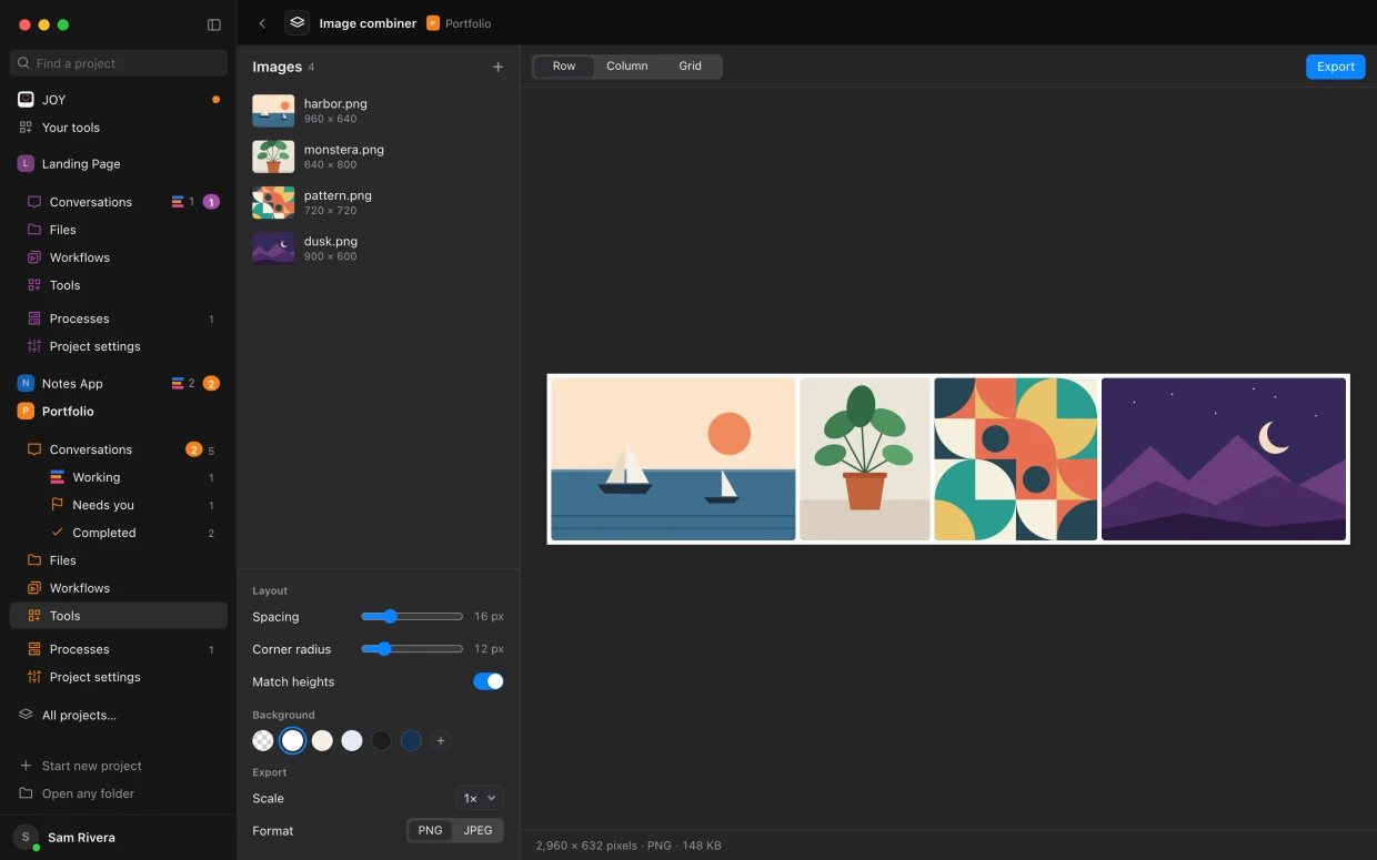 A tool at work: An image combiner a portfolio’s agent built for it.