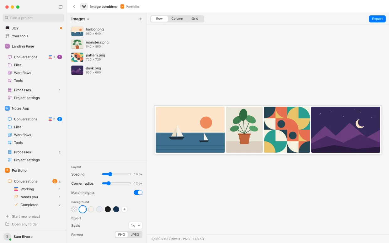 A tool at work: An image combiner a portfolio’s agent built for it.