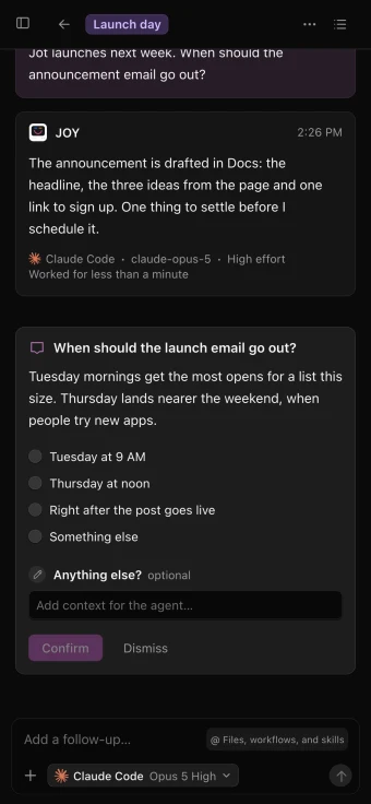 The agent’s question on a phone, with its choices to pick
