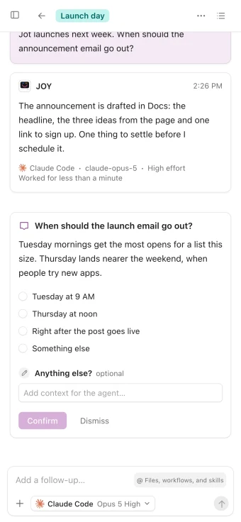 The agent’s question on a phone, with its choices to pick