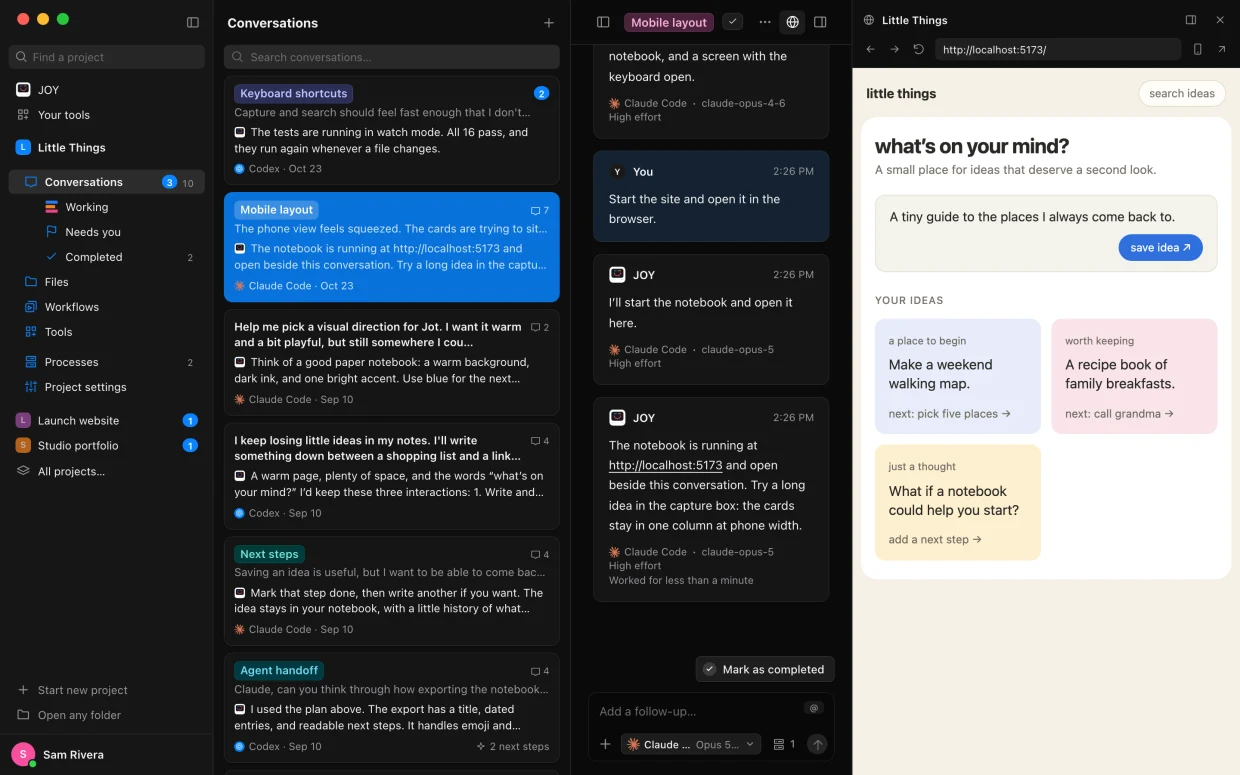 A notebook app running in the browser beside the conversation that started it