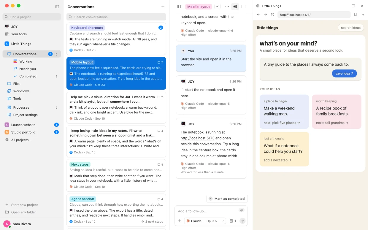 A notebook app running in the browser beside the conversation that started it