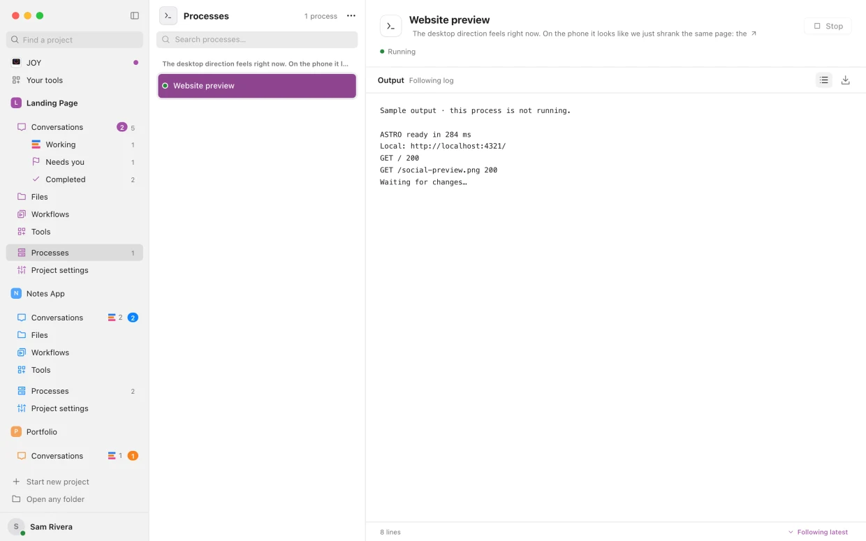 What’s running: The servers your agents leave running, with their output, so you can stop them.