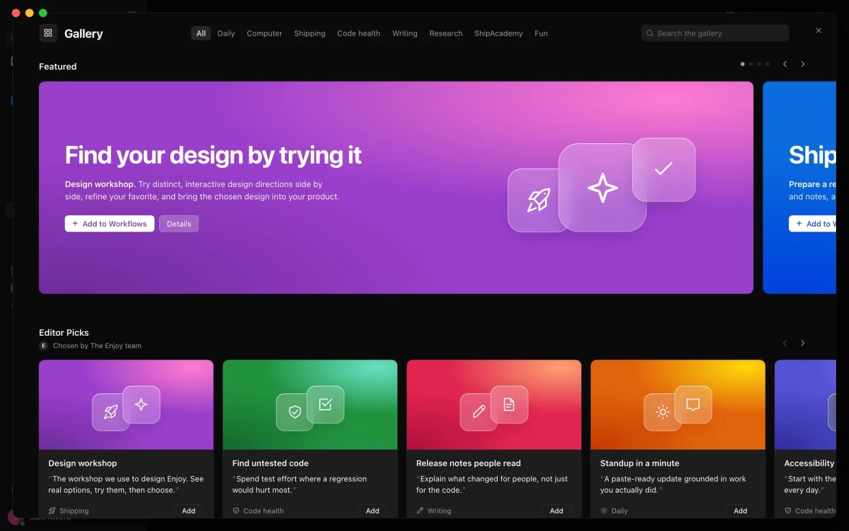 The Workflow Gallery: a featured design workshop and the editors’ picks, each category in its own color
