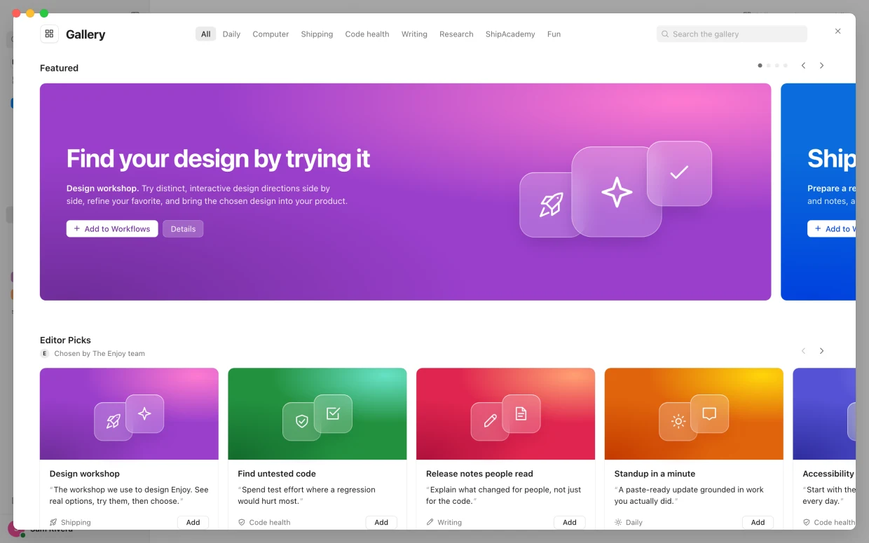 The Workflow Gallery: a featured design workshop and the editors’ picks, each category in its own color