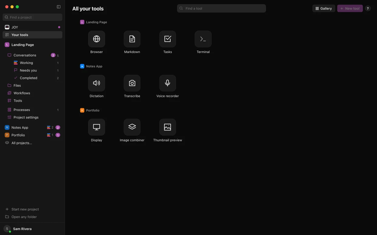Your tools: Small apps your agents build right into your projects.