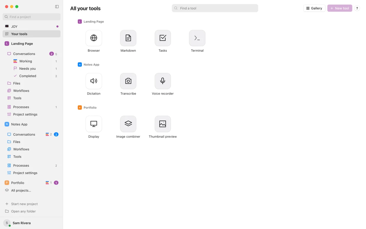 Your tools: Small apps your agents build right into your projects.