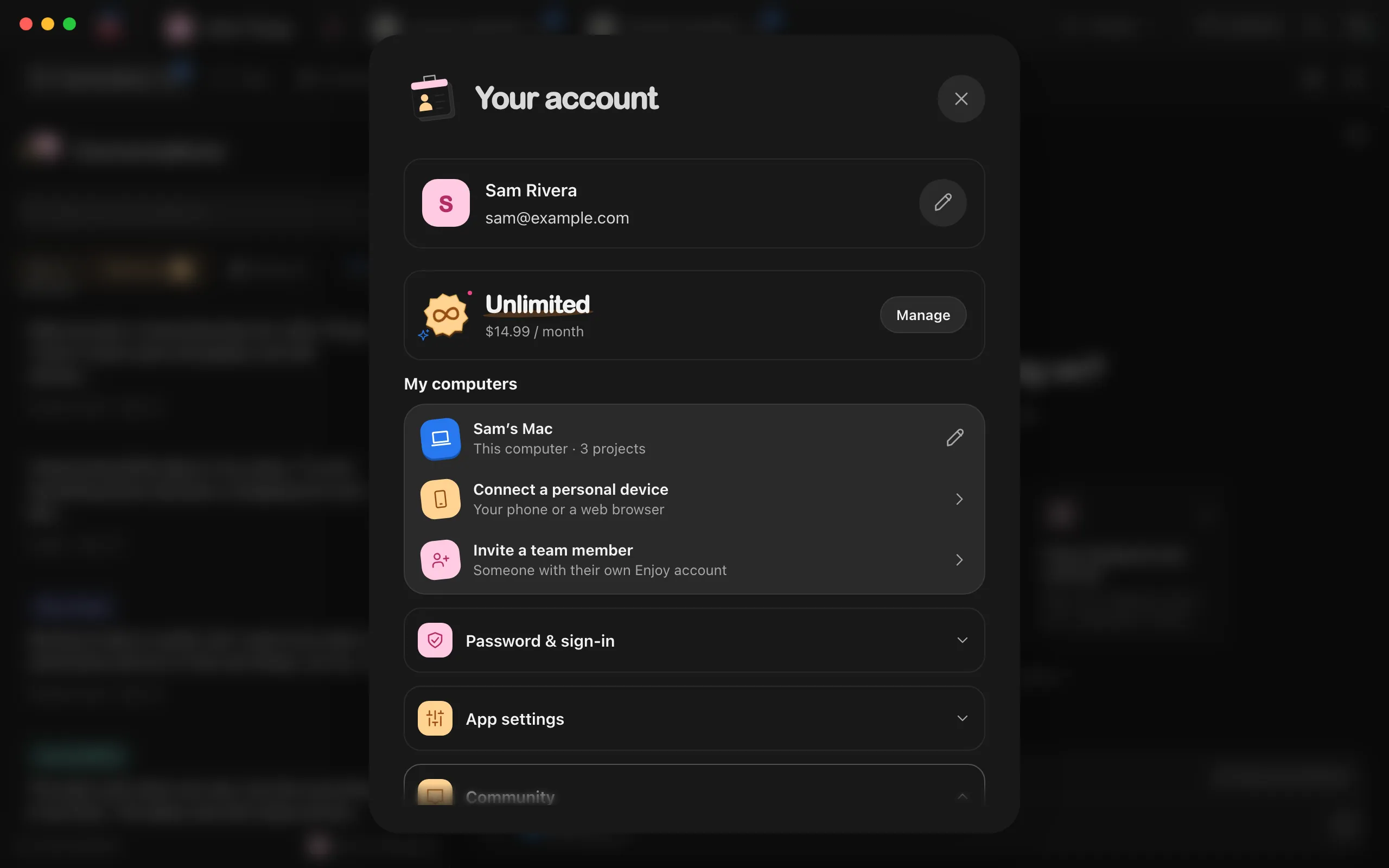 The Your account window with a pencil beside the name and email. Highlighted: Edit name.