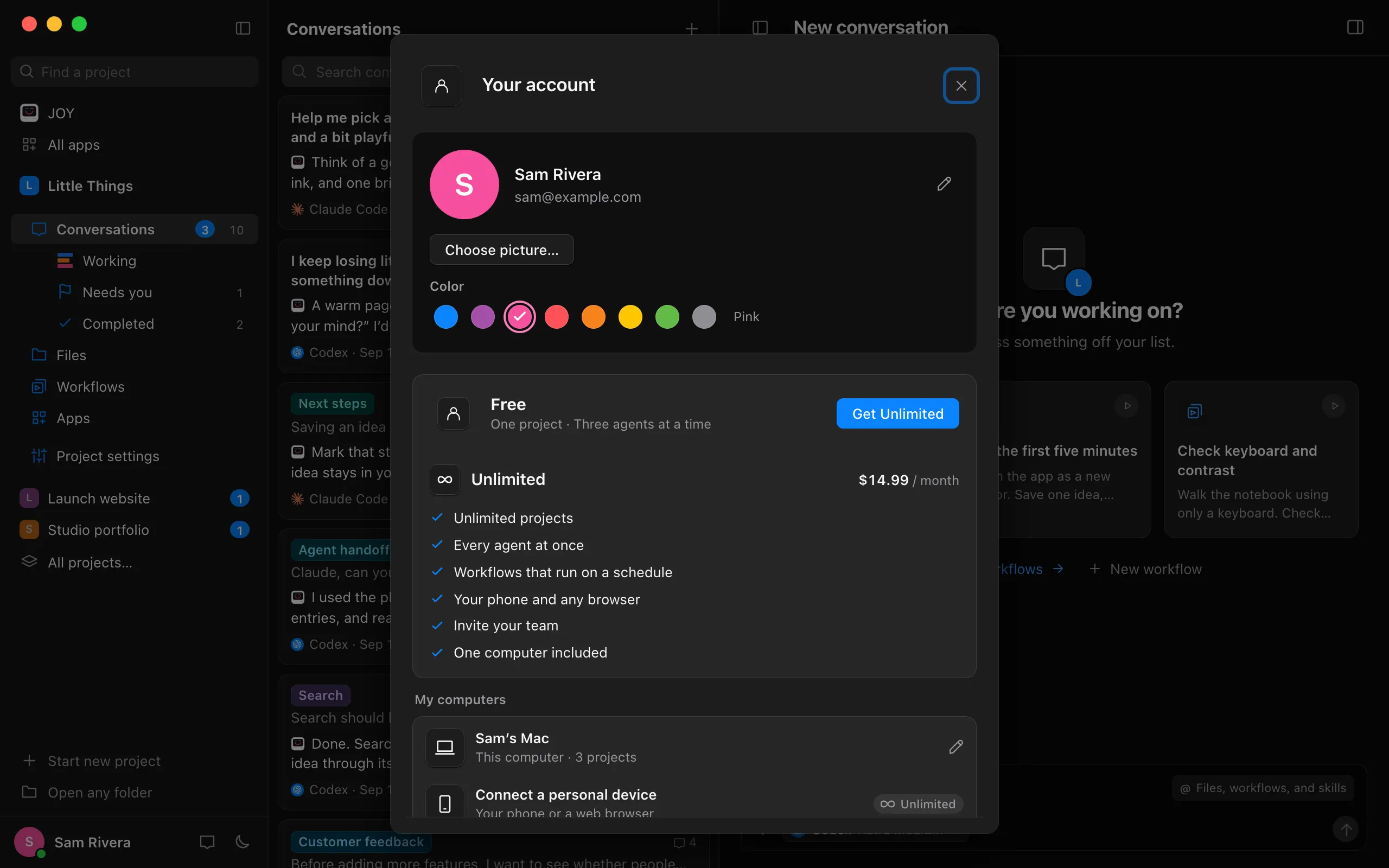 Your account on Free: the Free row with Get Unlimited, and what Unlimited adds. Highlighted: Get Unlimited.