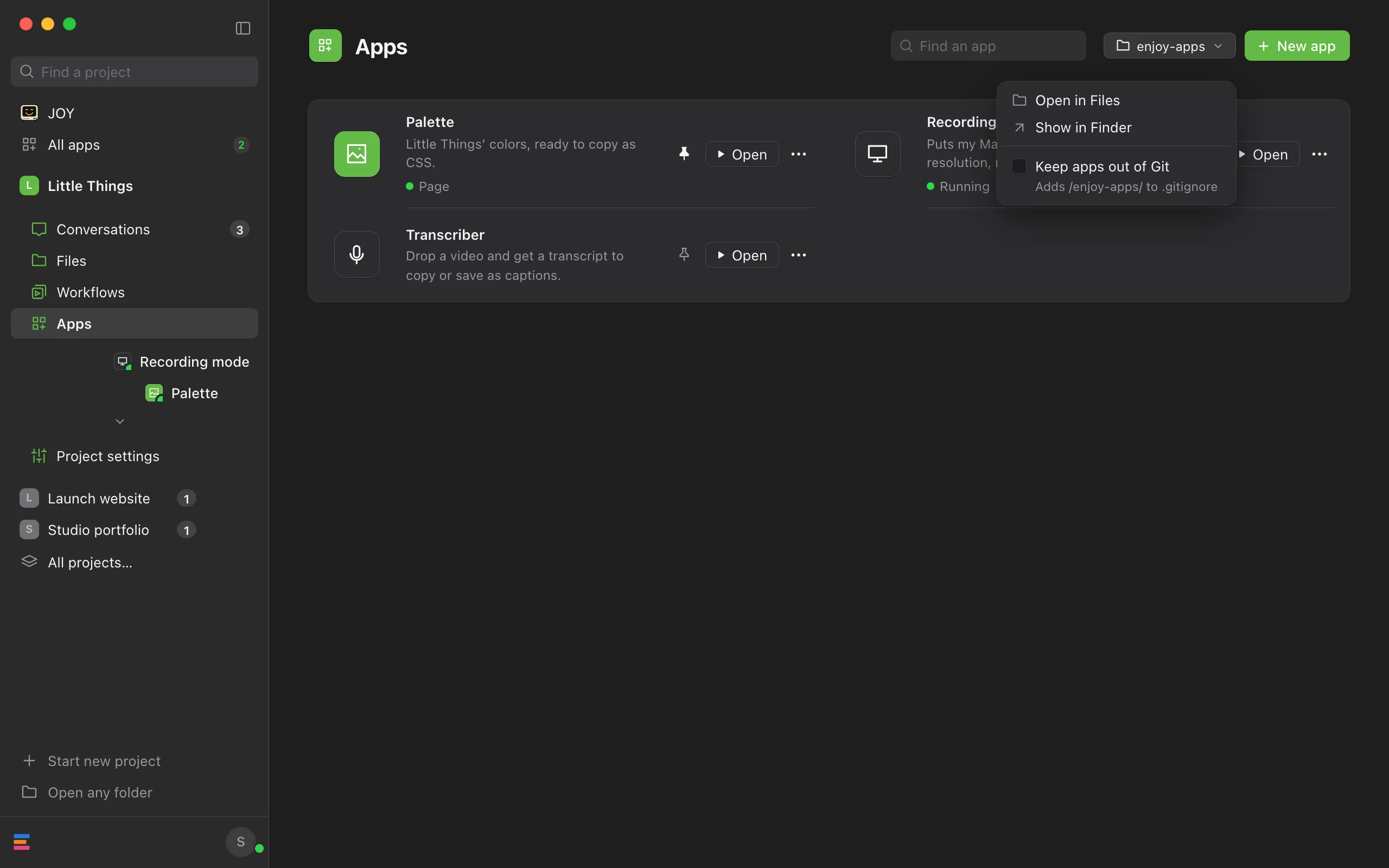 The Apps section with the enjoy-apps menu open, listing Open in Files, Show in Finder, and Keep apps out of Git. Highlighted: enjoy-apps.