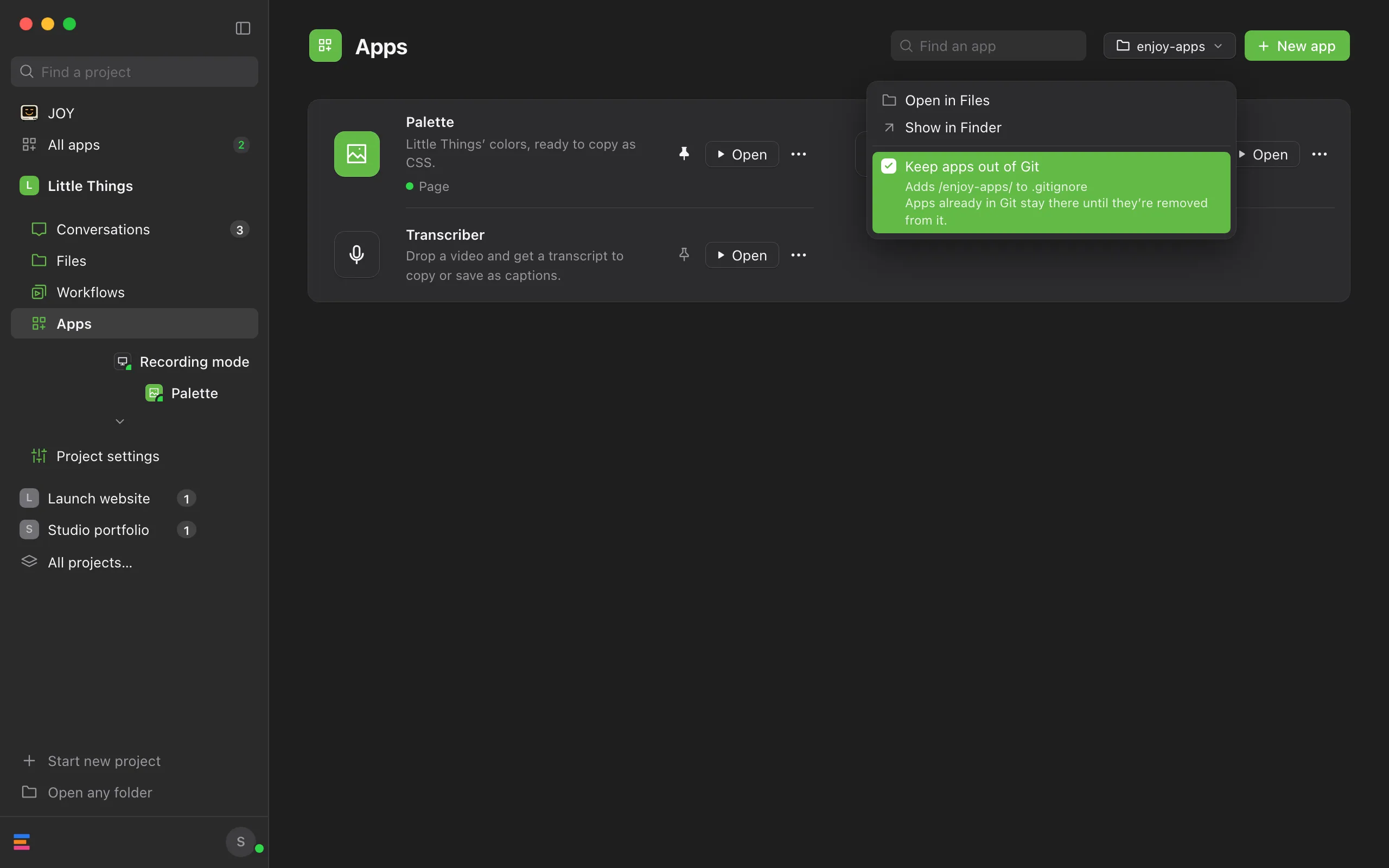 The enjoy-apps menu with Keep apps out of Git checked. Below it are Adds /enjoy-apps/ to .gitignore and a line saying apps already in Git stay there until they're removed from it. Highlighted: Keep apps out of Git.