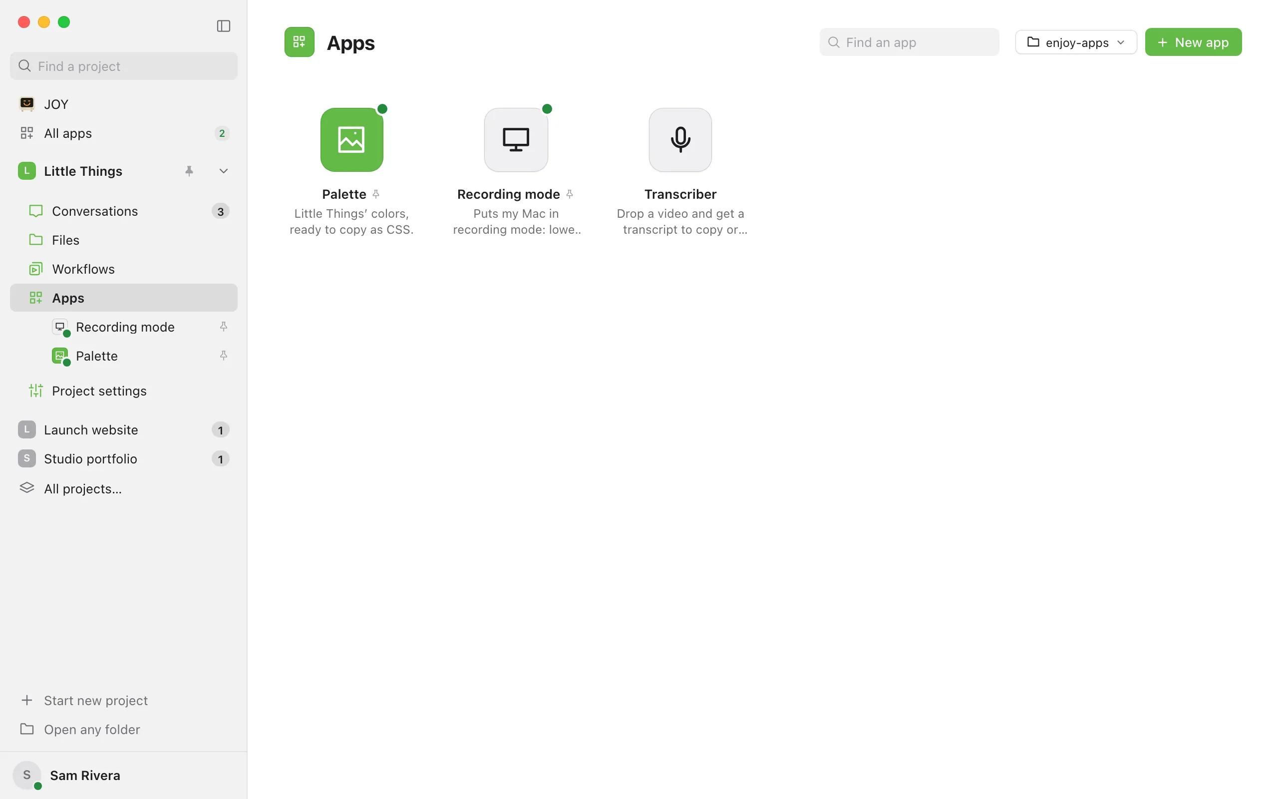 The Apps section of a project, with its apps in a grid of keys and New app at the top right. Highlighted: New app.