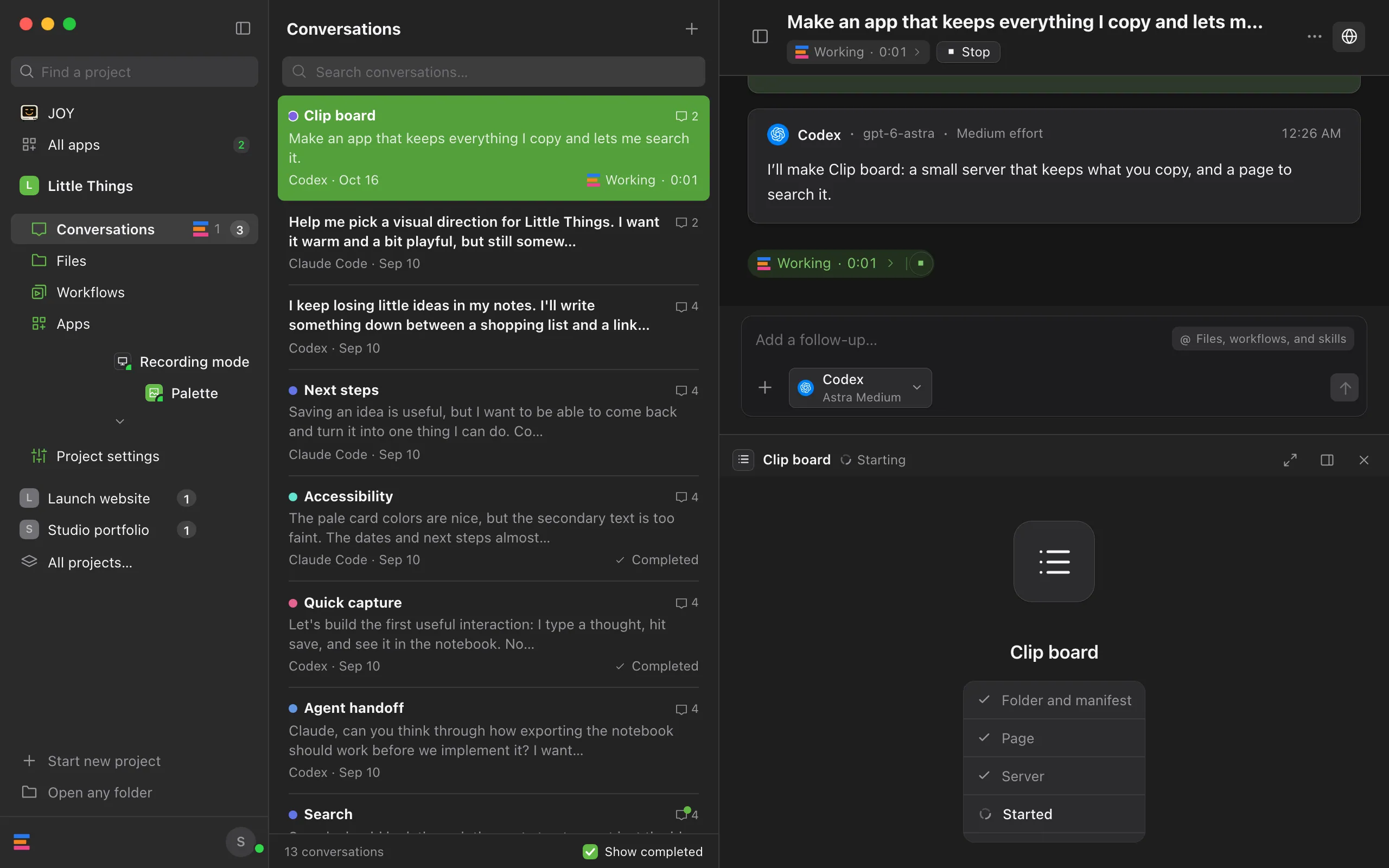 A conversation with the app's key and a checklist beside it. Folder and manifest, Page, and Server are checked, and Started is in progress. Highlighted: The build checklist.