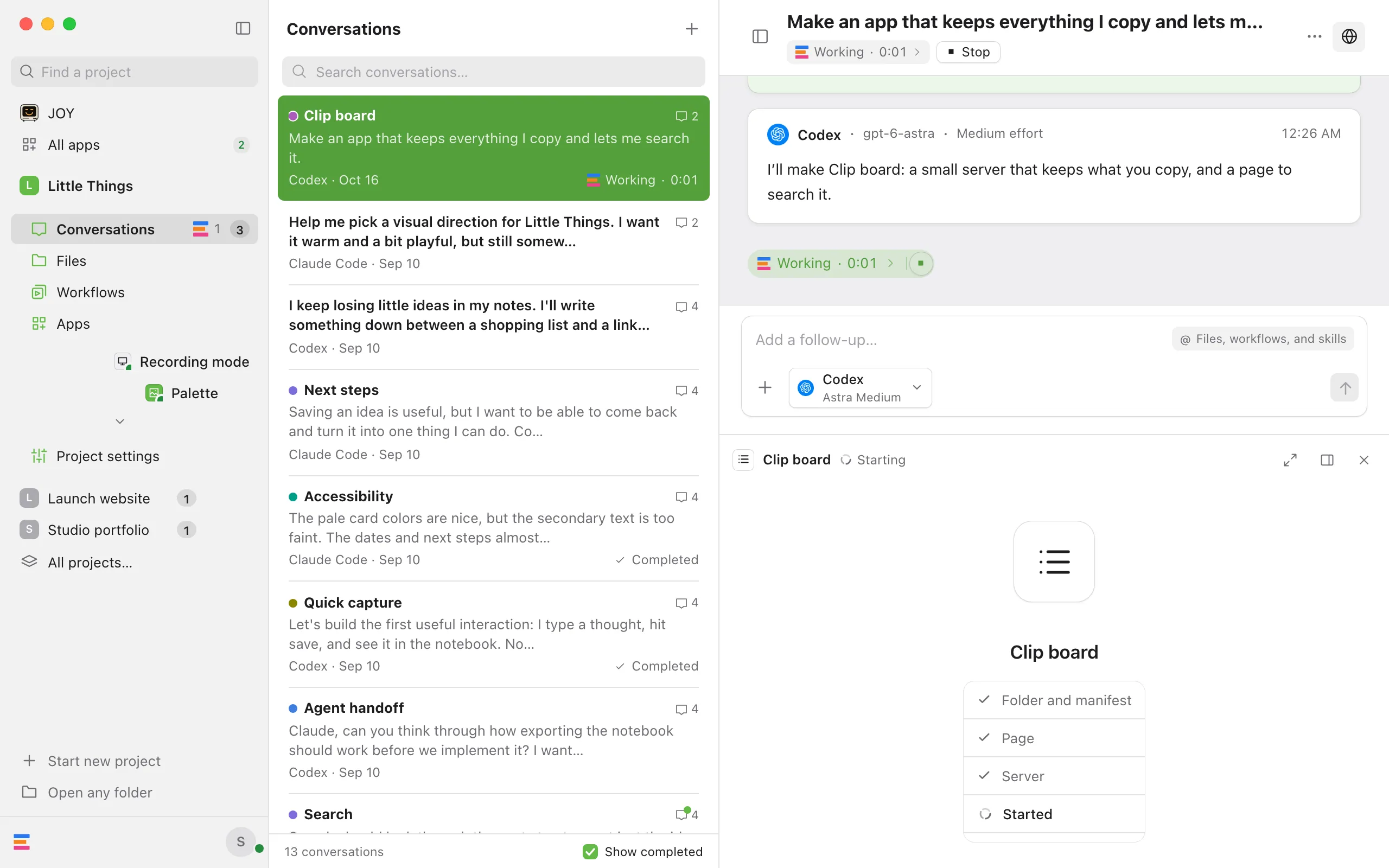 A conversation with the app's key and a checklist beside it. Folder and manifest, Page, and Server are checked, and Started is in progress. Highlighted: The build checklist.