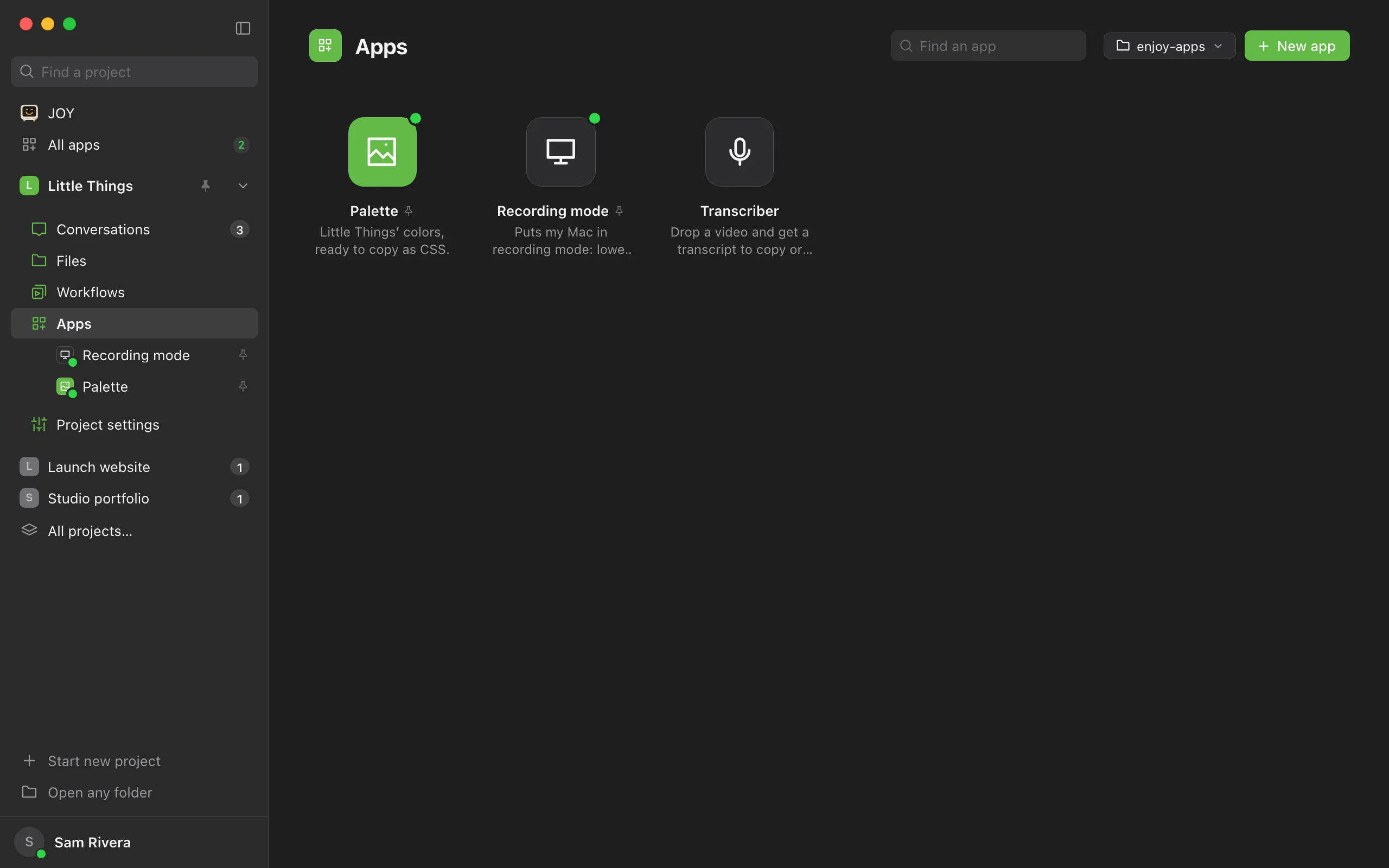 The Apps section, with the project's apps in a grid, each a key with its name and description under it. A green dot marks the apps that are running, and a small pin follows the names of pinned apps. Highlighted: An app's key.