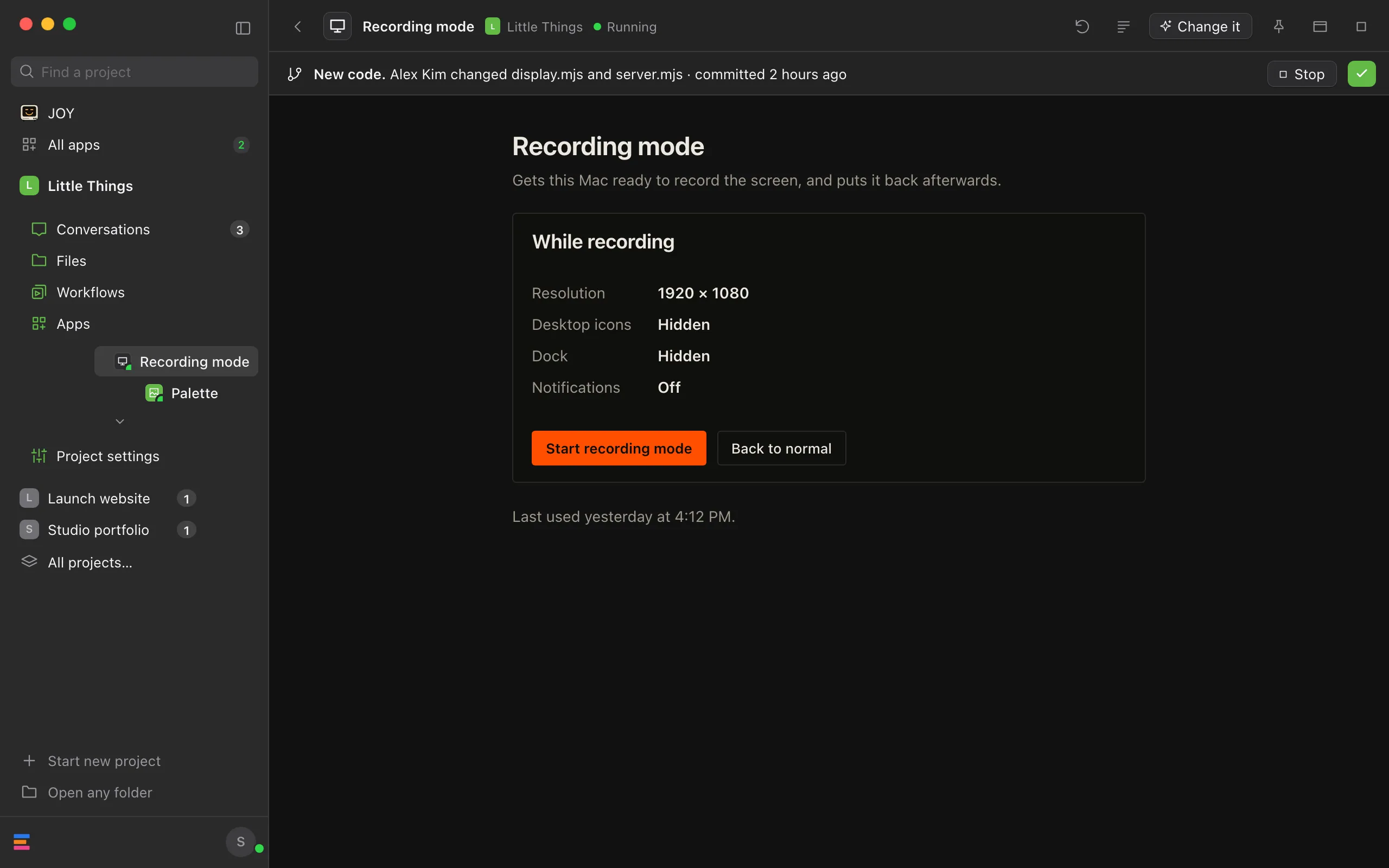 An open app with a note under its bar that starts with New code. and says who changed which files and when it was committed. Highlighted: The note about new code.