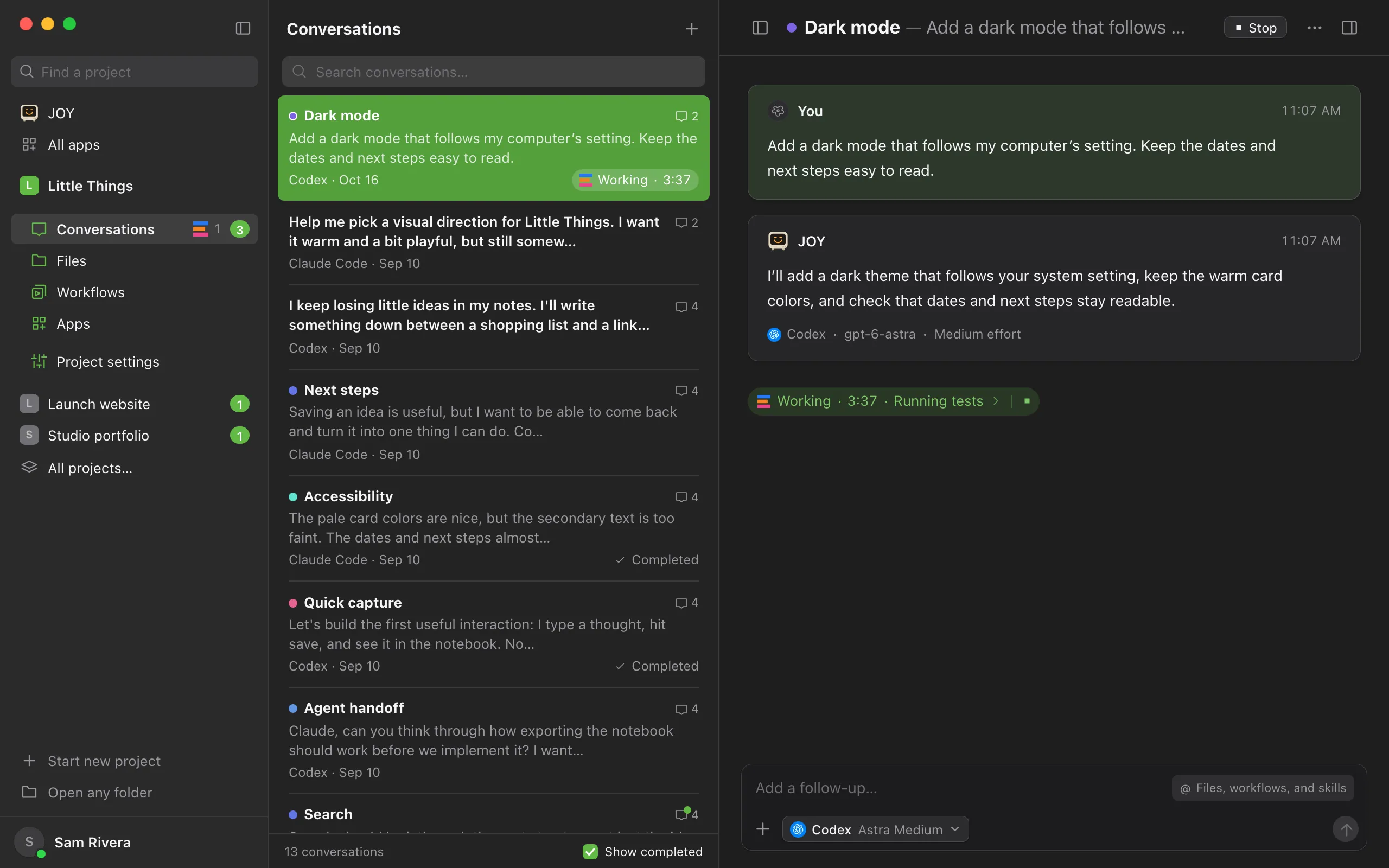 A conversation whose agent is working, with the ⋯ button at the right end of its title. Highlighted: The ⋯ button (Conversation actions).