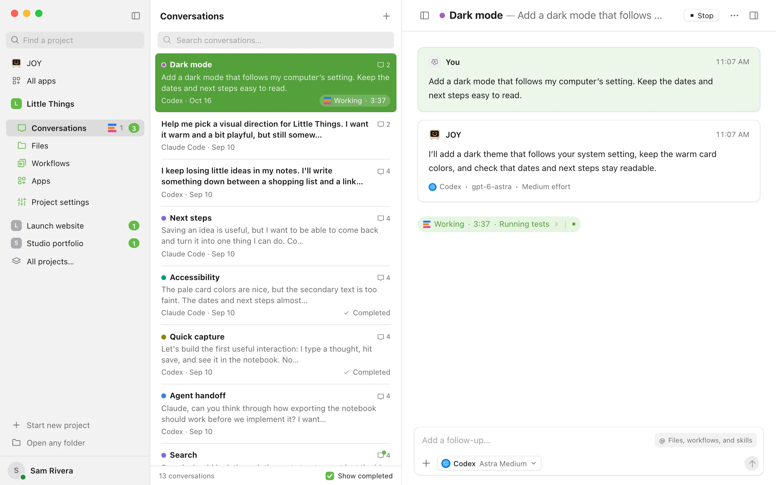 A conversation whose agent is working, with the ⋯ button at the right end of its title. Highlighted: The ⋯ button (Conversation actions).