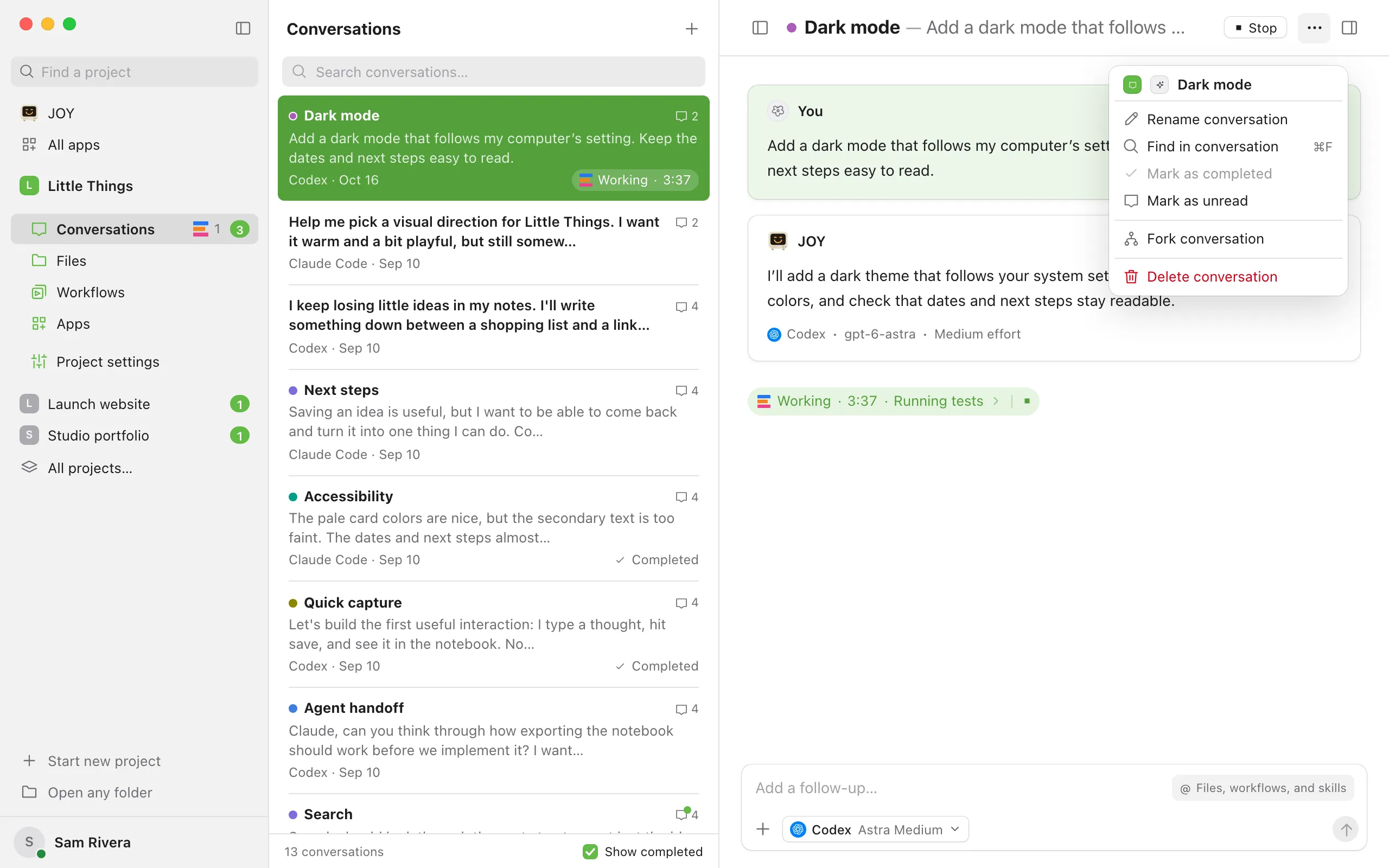 The Conversation actions menu, opened while the agent works. Highlighted: Fork conversation.