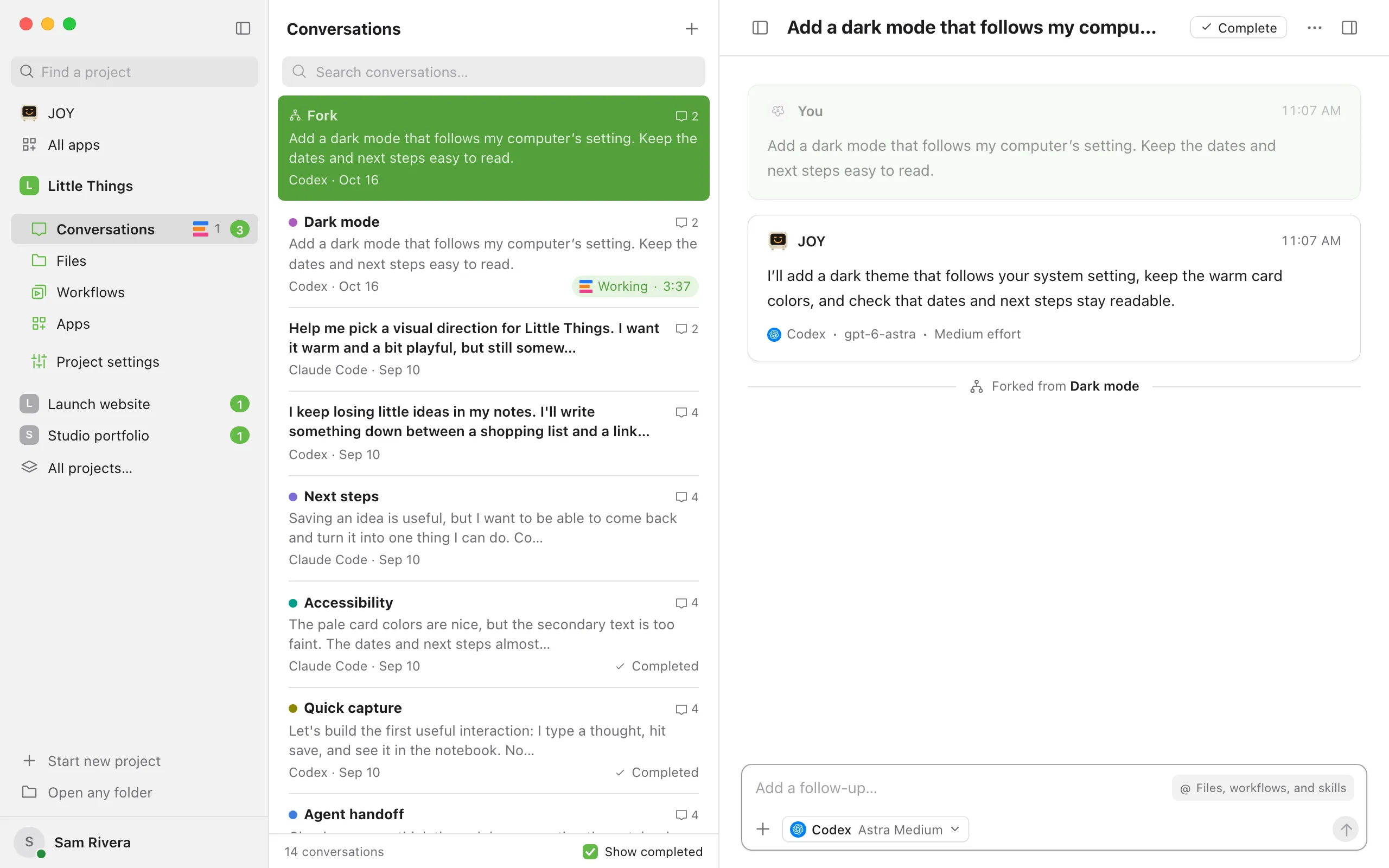 The new fork, with the copied messages faded above a line that says where they came from, and the message box ready. Highlighted: The message box.