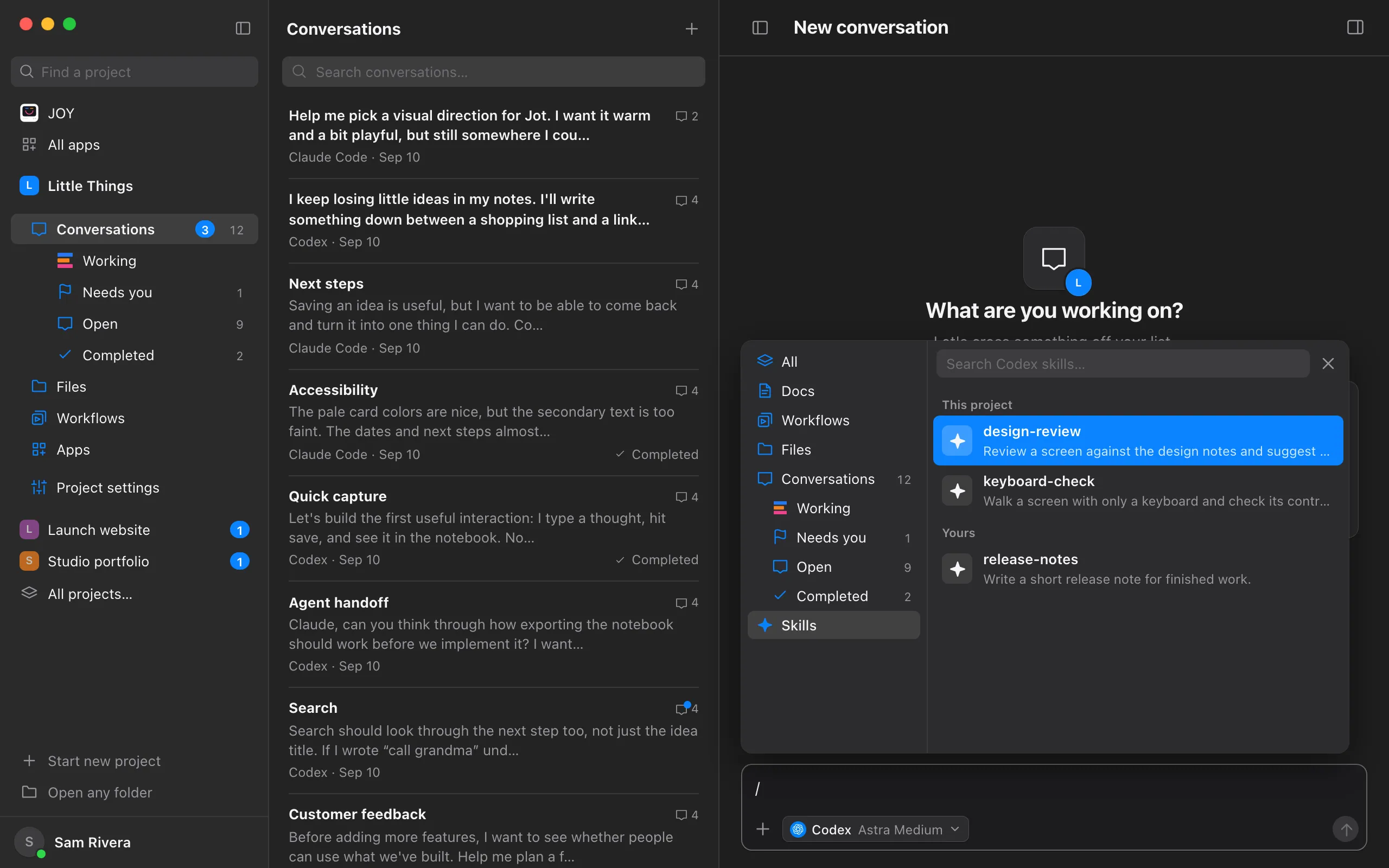The message box with / typed, and the picker open above it on Skills, listing the project’s skills and your own. Highlighted: Skills in the picker's list of sources.