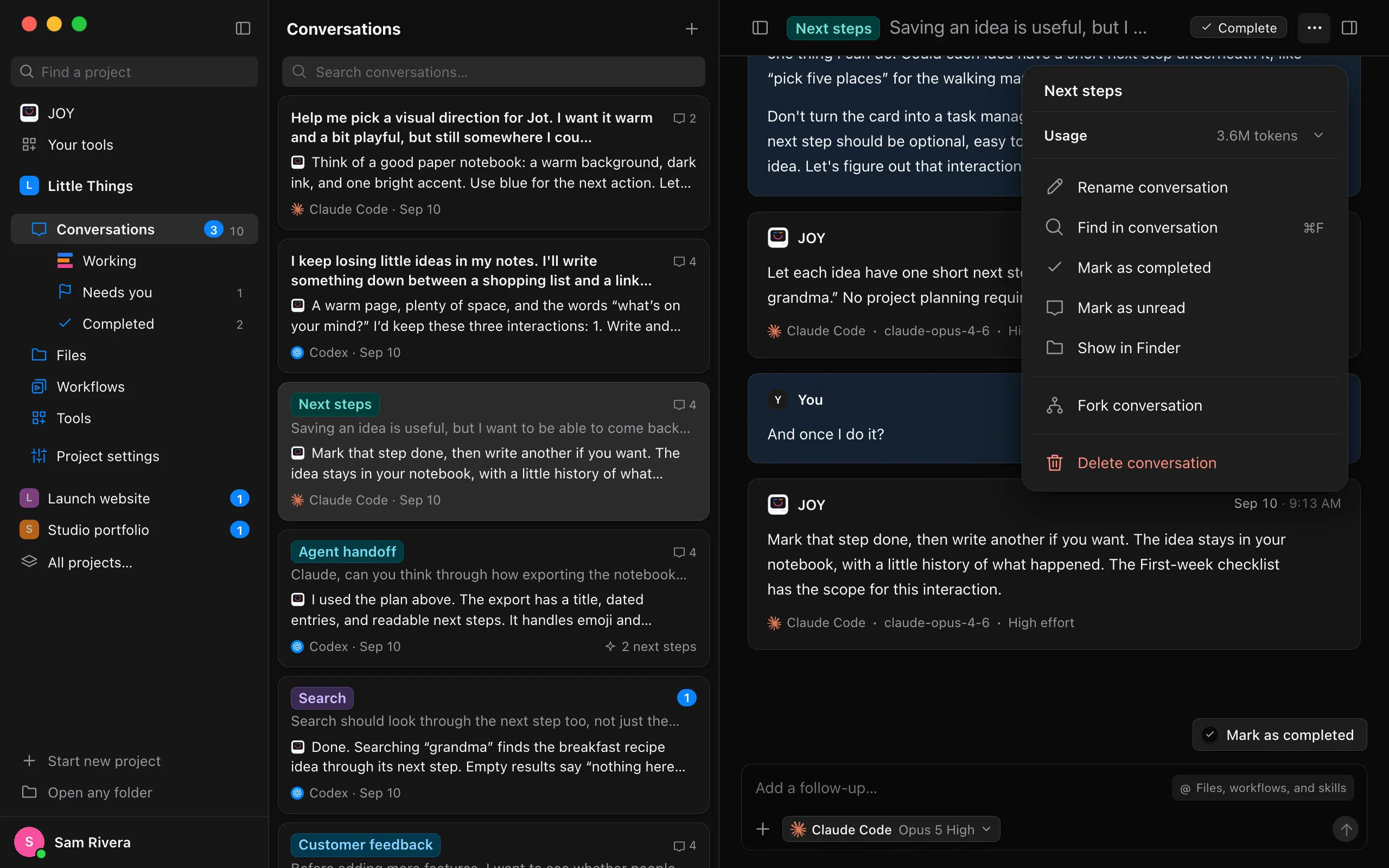 The Conversation actions menu, with Usage and the tokens the conversation has used under its title. Highlighted: Usage.