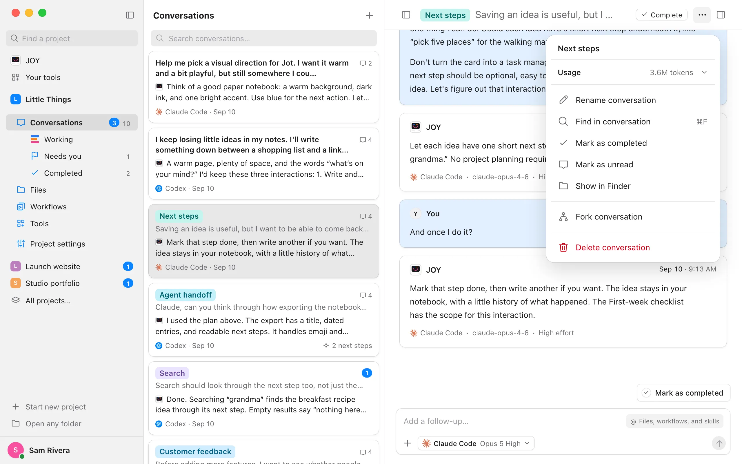 The Conversation actions menu, with Usage and the tokens the conversation has used under its title. Highlighted: Usage.