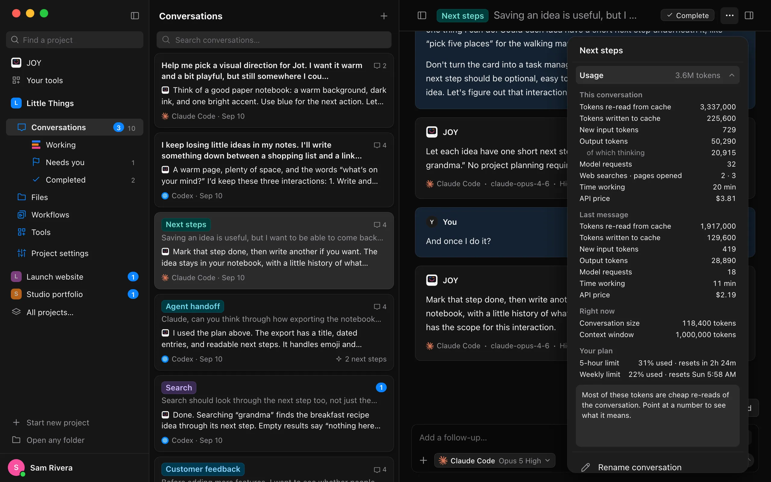 Usage open in the ⋯ menu: this conversation’s numbers, its last message’s, its size and context window, and the plan’s limits. Highlighted: Every number the agent reported.