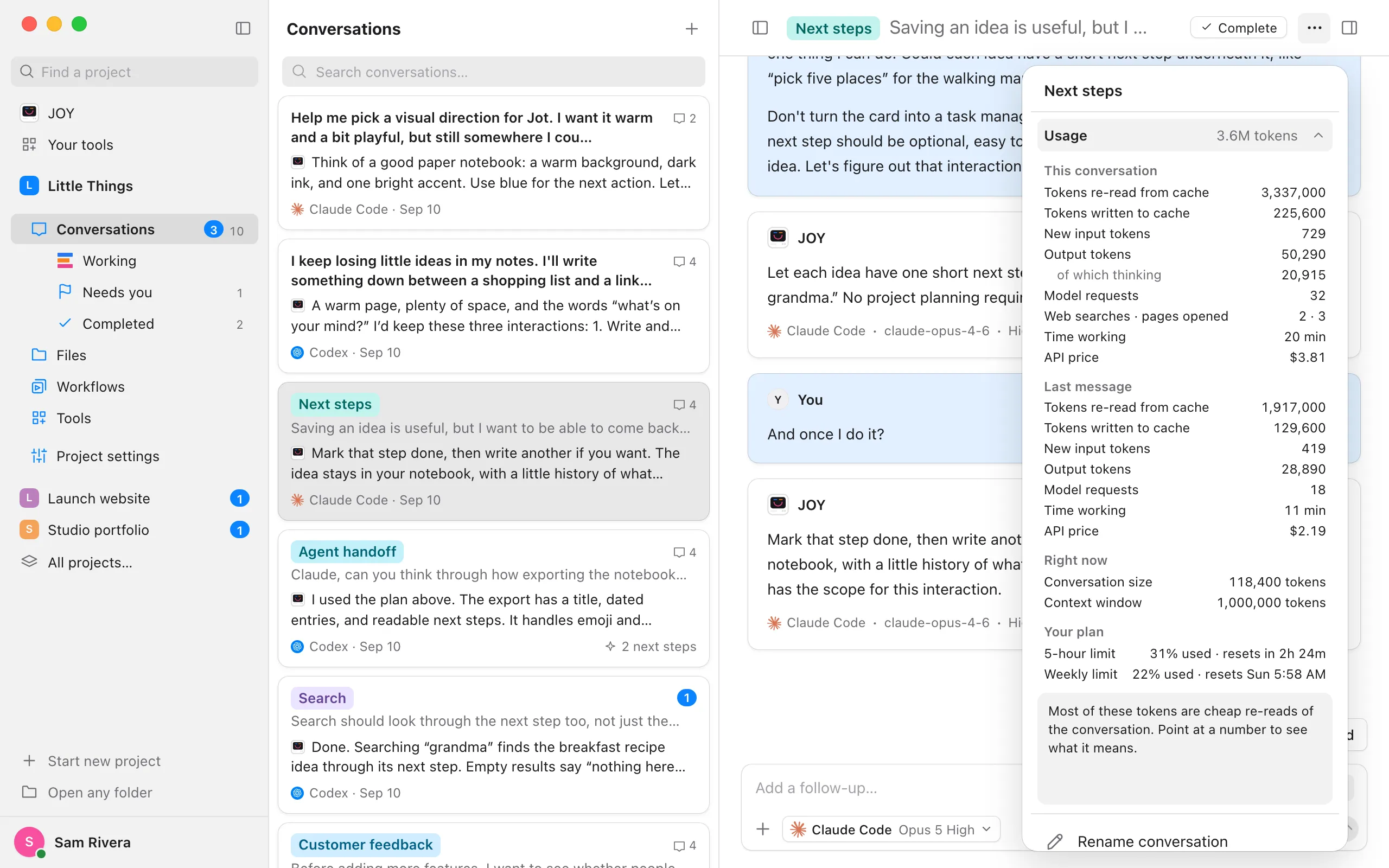 Usage open in the ⋯ menu: this conversation’s numbers, its last message’s, its size and context window, and the plan’s limits. Highlighted: Every number the agent reported.