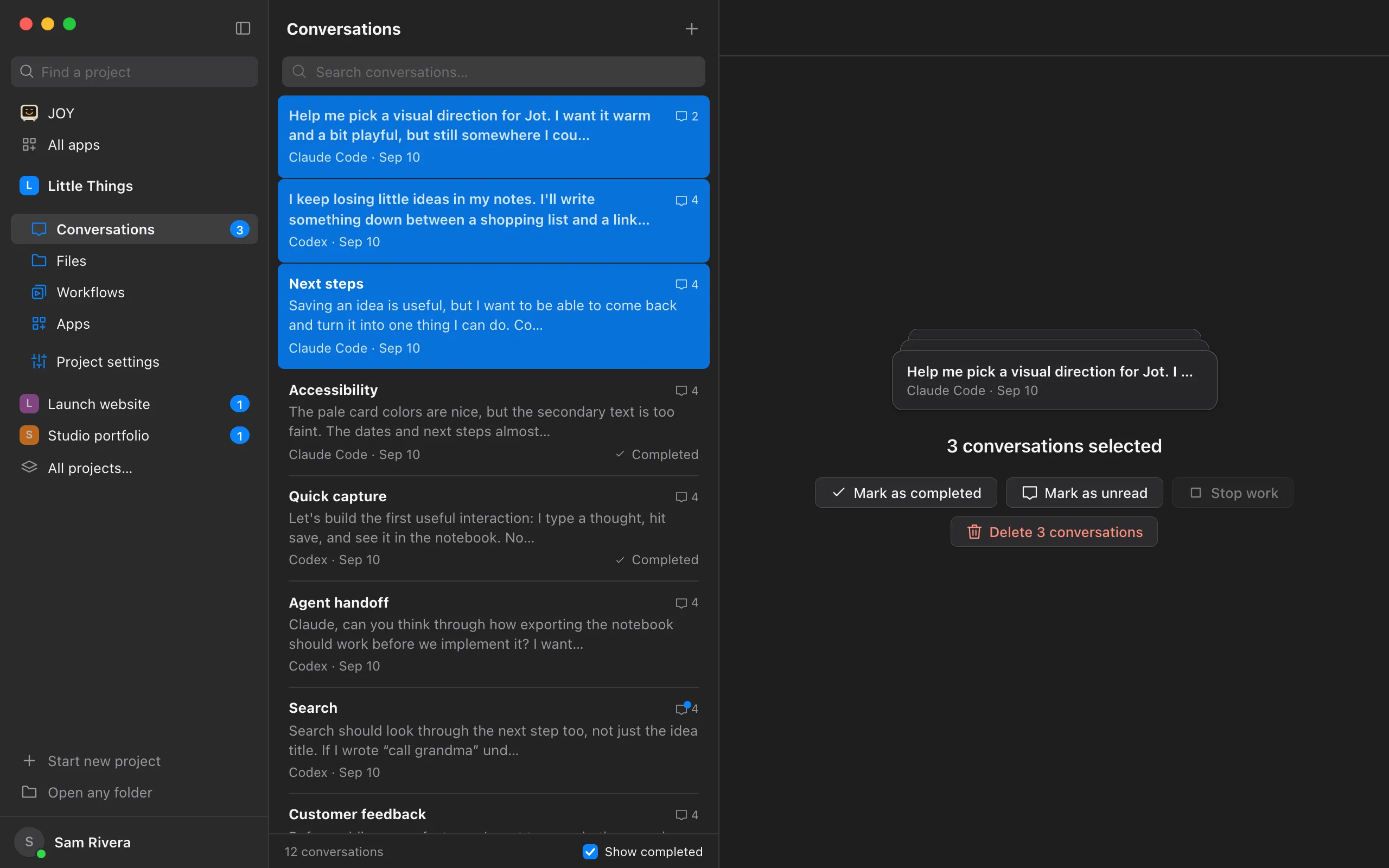Three conversations selected in the list, with the selection and its actions beside it. Highlighted: The selected conversations.