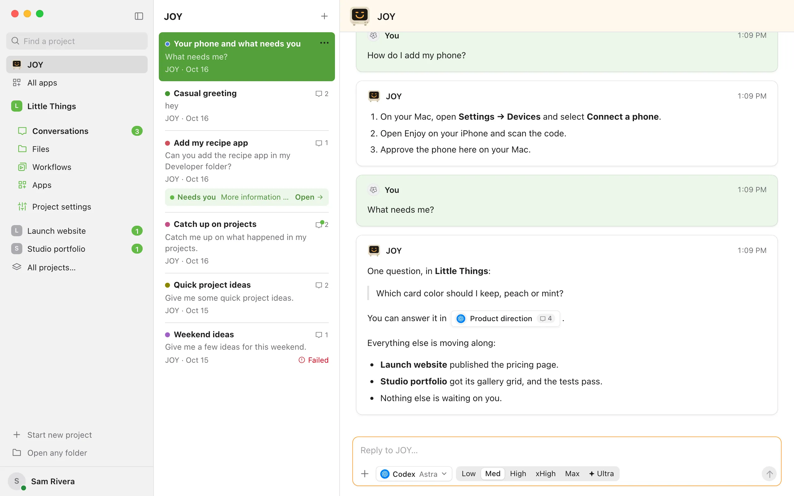 An earlier chat with JOY, where it quotes a question waiting in Little Things and links its conversation. Highlighted: Product direction.