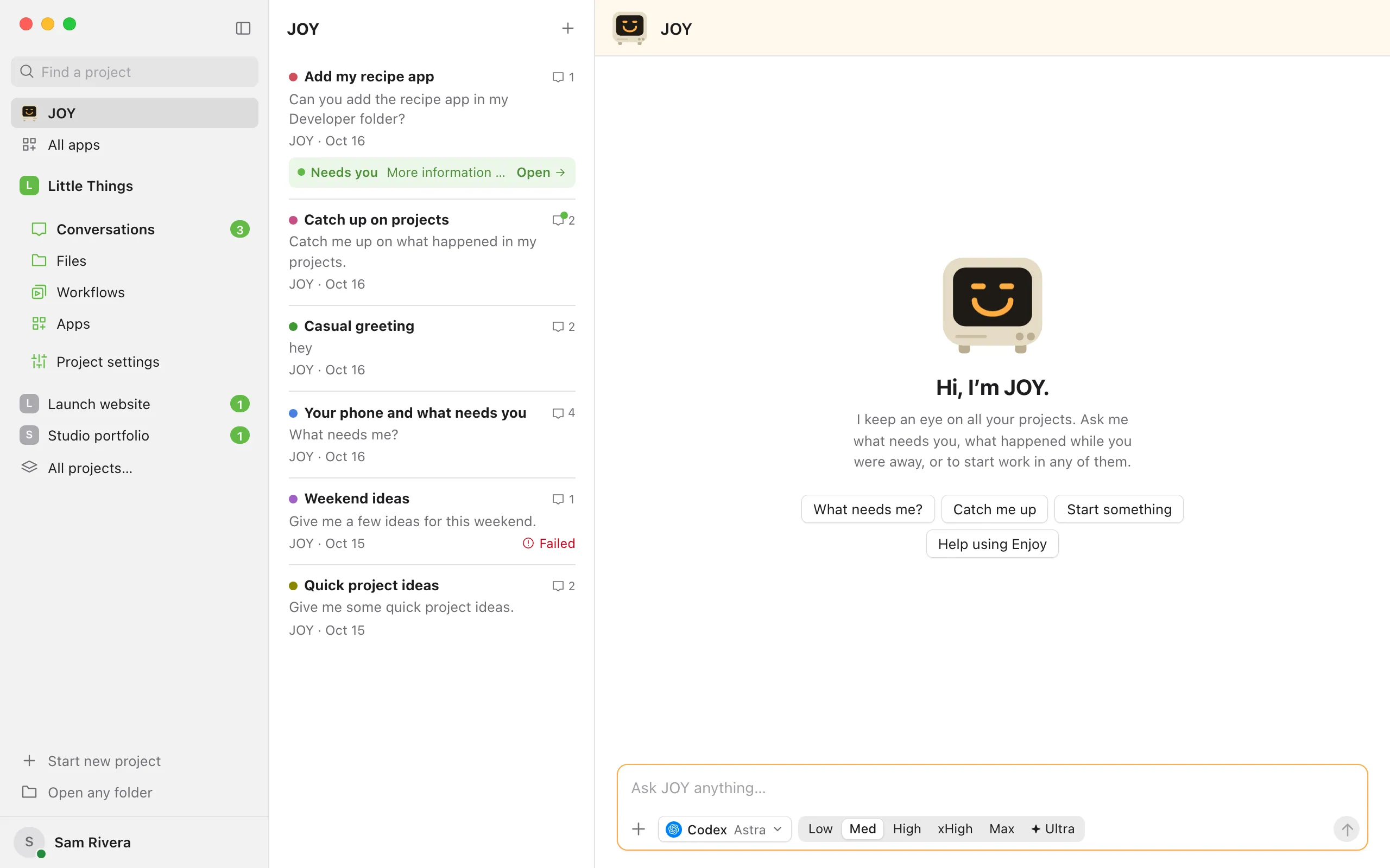 JOY's earlier conversations listed beside its chat, each with its label, first message, agent and date, including one waiting on you, one with new replies, and one that didn't finish. Highlighted: Earlier conversations.