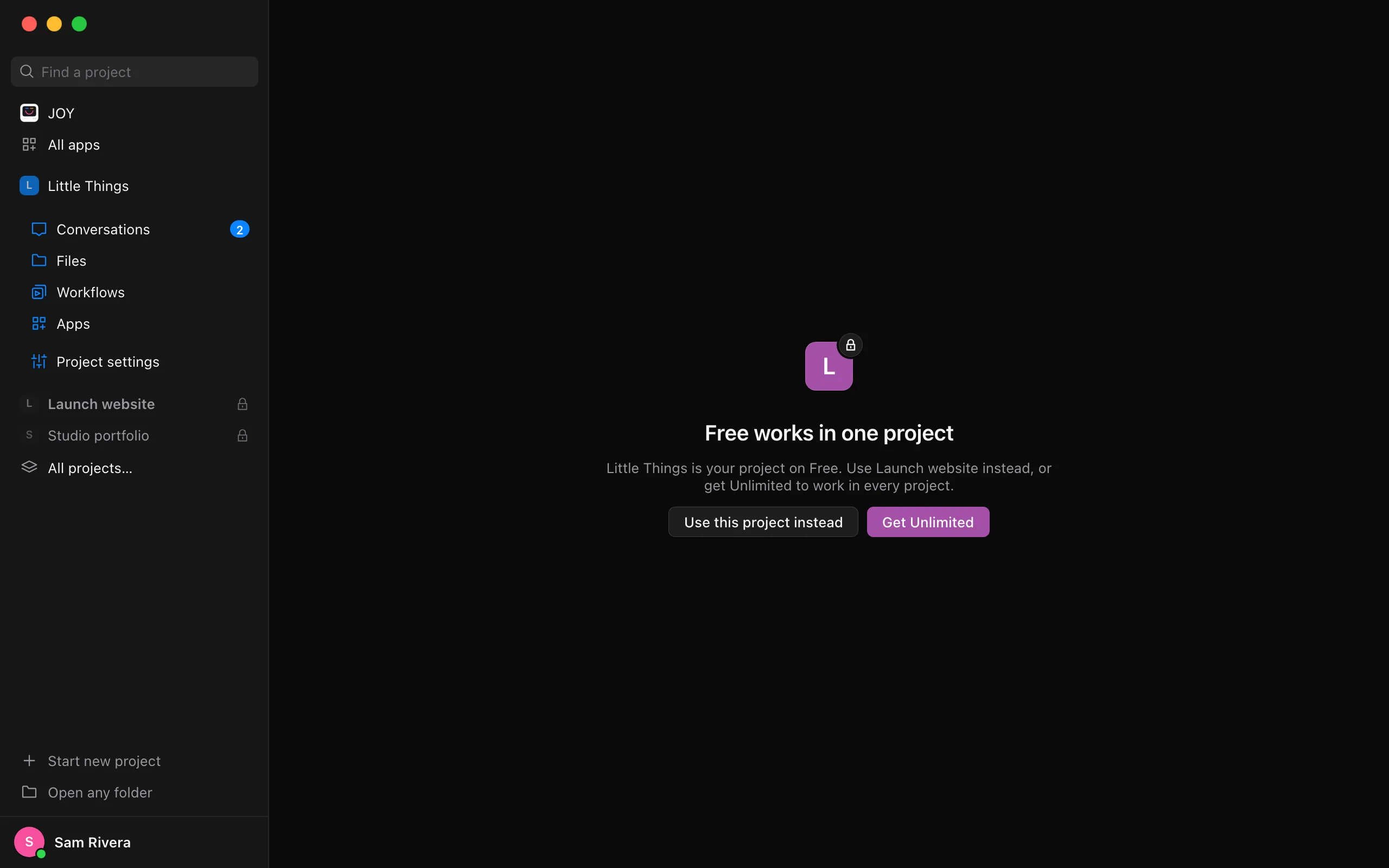 Launch website open on Free: Free works in one project, with Use this project instead. Highlighted: Use this project instead.