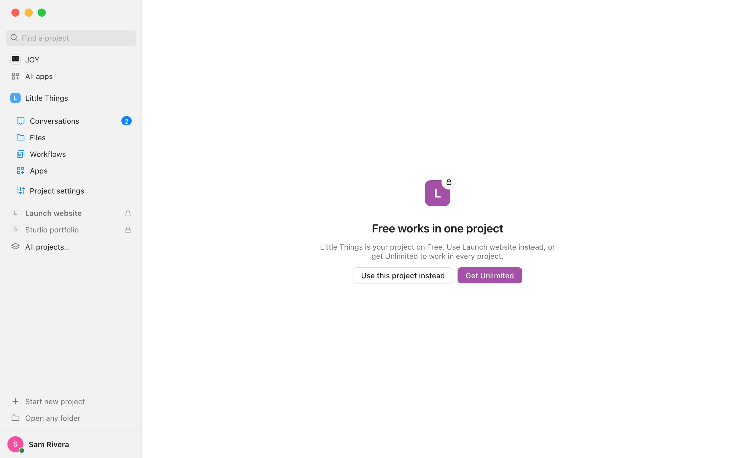 Launch website open on Free: Free works in one project, with Use this project instead. Highlighted: Use this project instead.