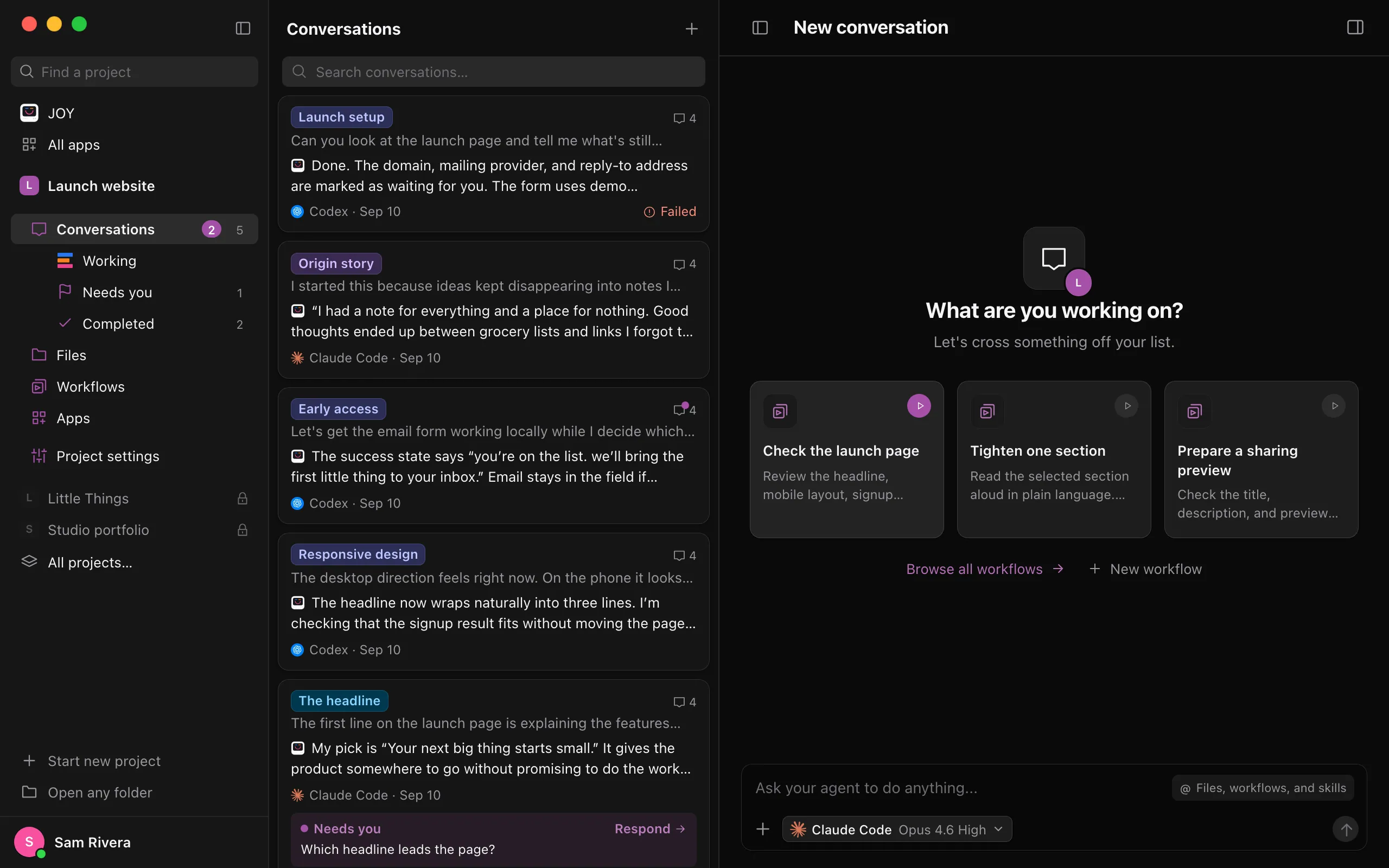 Launch website works now, first in the list, and Little Things is faded with a lock. Highlighted: Launch website.