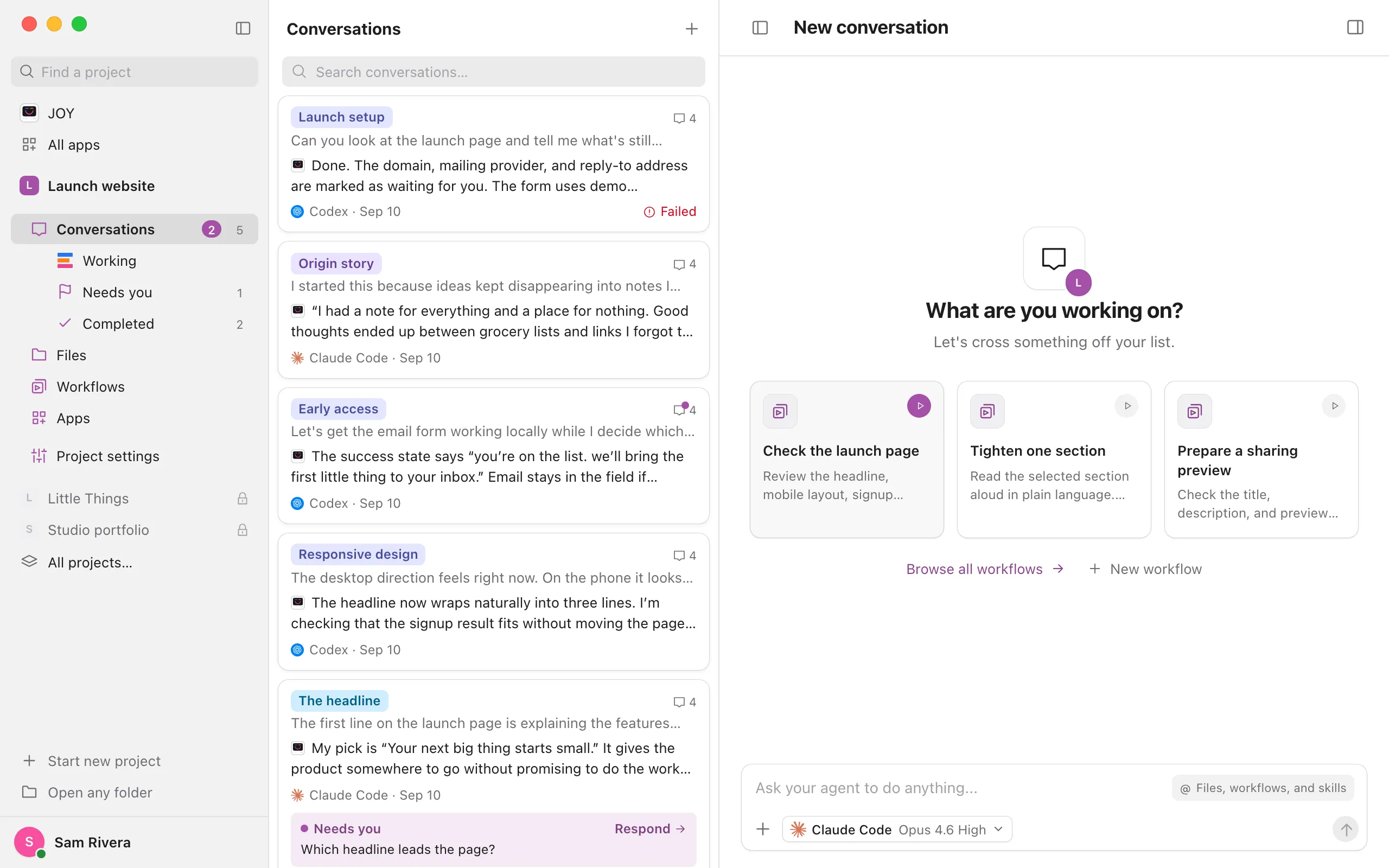 Launch website works now, first in the list, and Little Things is faded with a lock. Highlighted: Launch website.