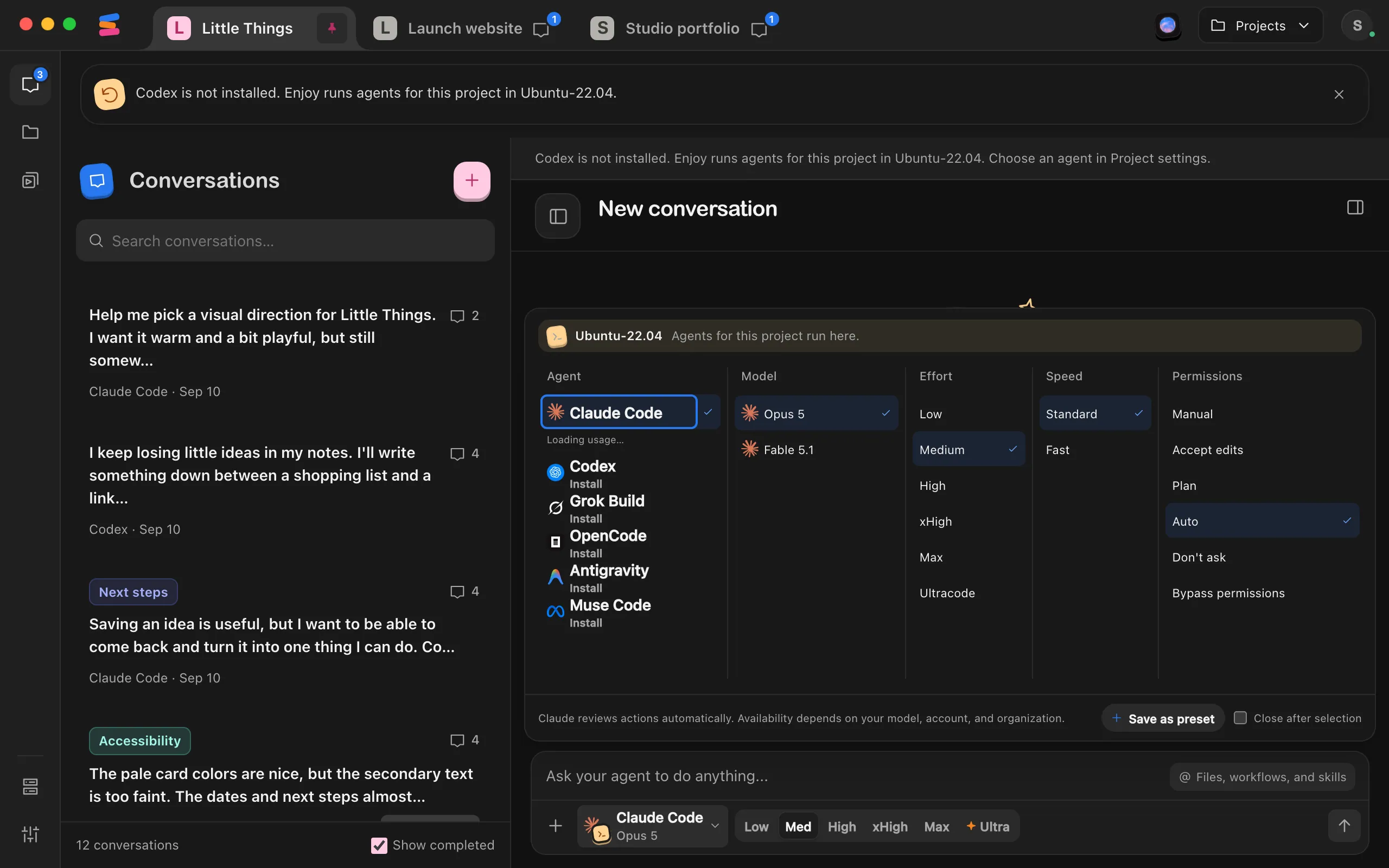 The agent settings in Little Things, a project inside Ubuntu-22.04. The top says Ubuntu-22.04, Agents for this project run here. Claude Code is installed there, and the other agents show Install. Highlighted: Ubuntu-22.04, Agents for this project run here..