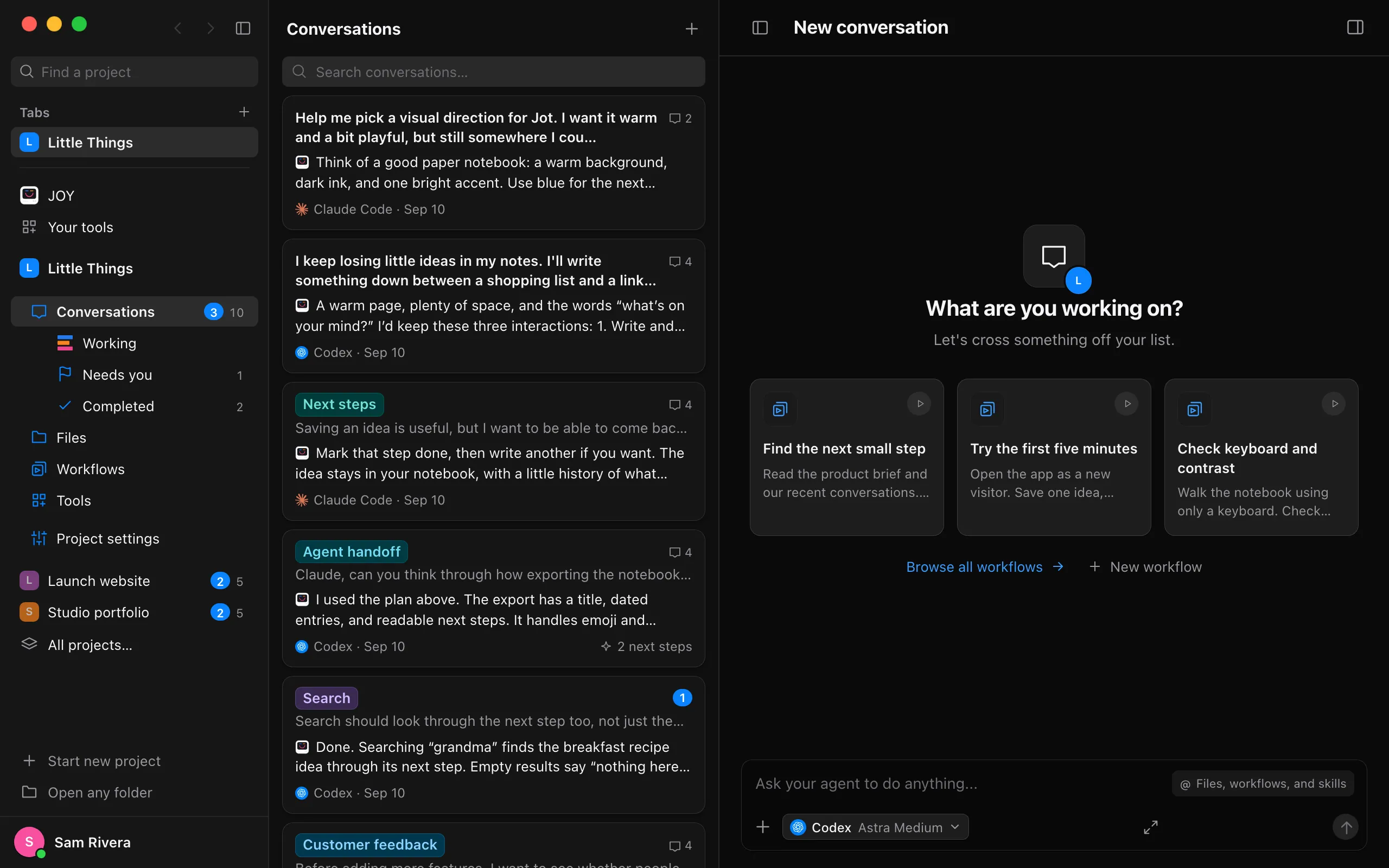 The sidebar with Tabs at its top, one tab open on Little Things, and New tab beside the heading. Highlighted: New tab.