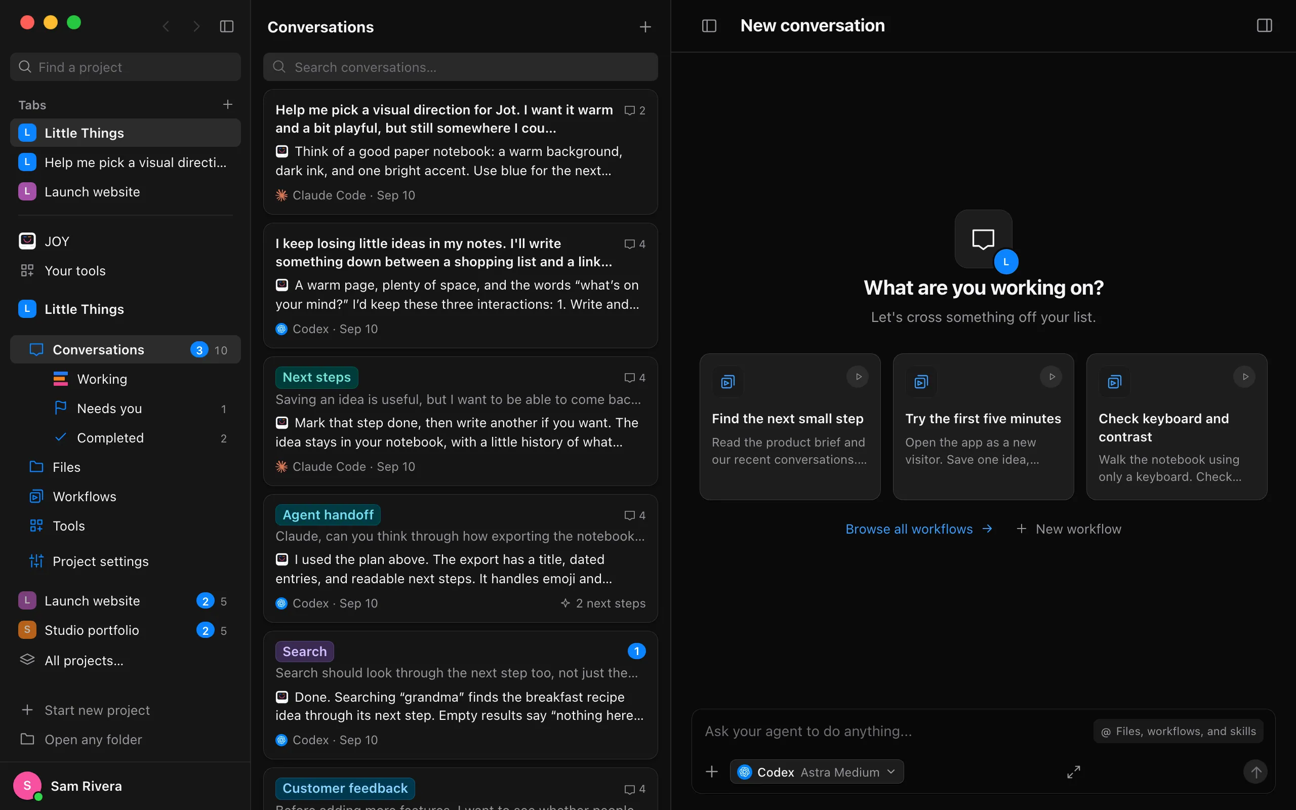 Three tabs under Tabs: Little Things, one of its conversations, and Launch website. Highlighted: A tab.