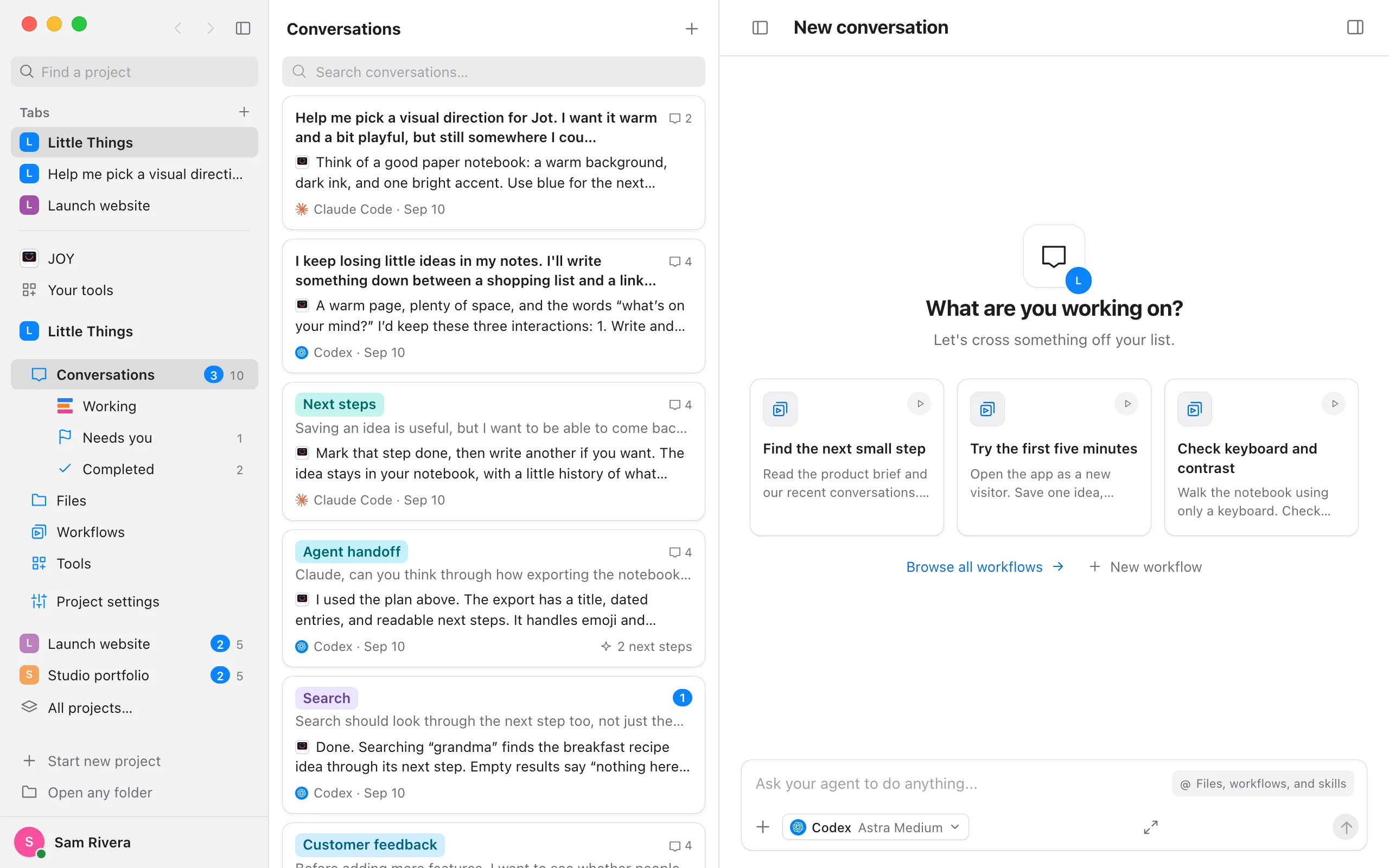 Three tabs under Tabs: Little Things, one of its conversations, and Launch website. Highlighted: A tab.