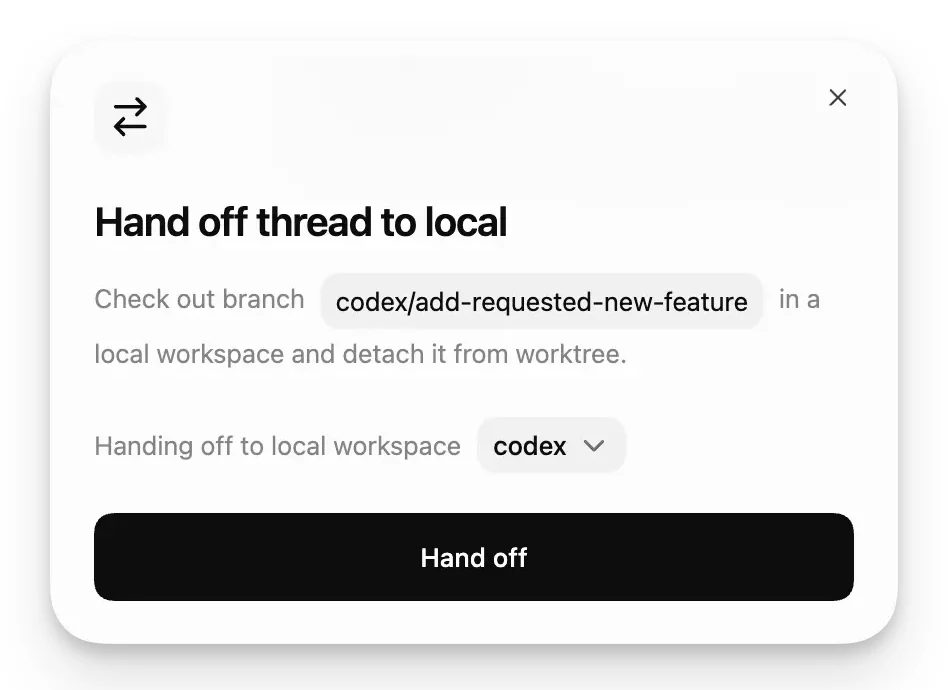 Codex’s Hand off thread to local dialog, with the Hand off button highlighted