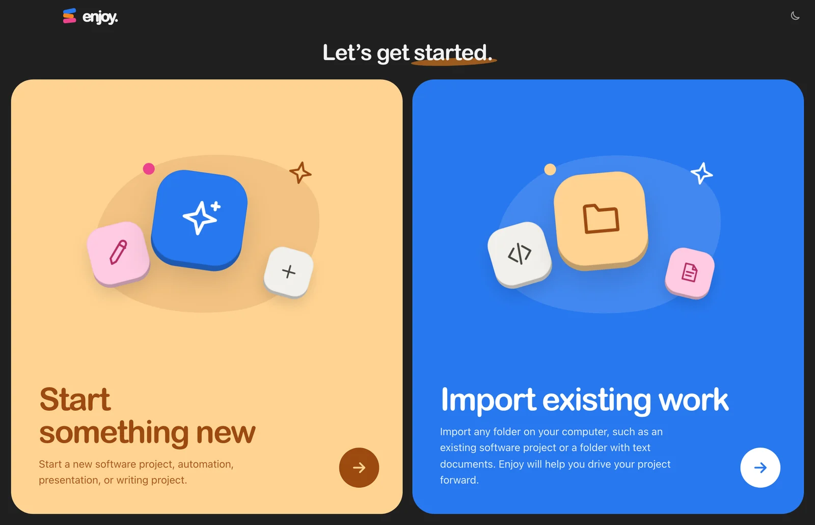 Enjoy’s Let’s get started screen, with Import existing work highlighted