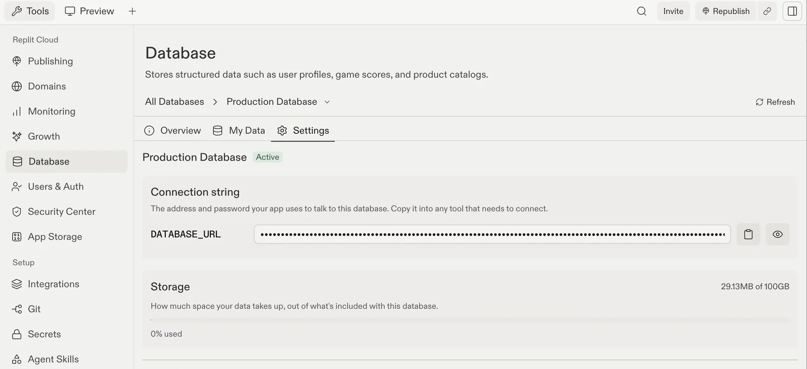 Replit’s Production Database settings, with the database picker, the Settings tab, and the connection string’s copy button highlighted