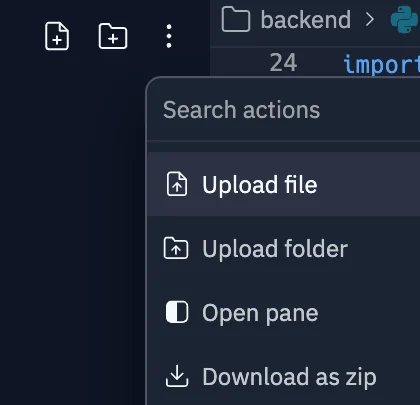 Replit’s file tree menu, with the ⋮ button and Download as zip highlighted