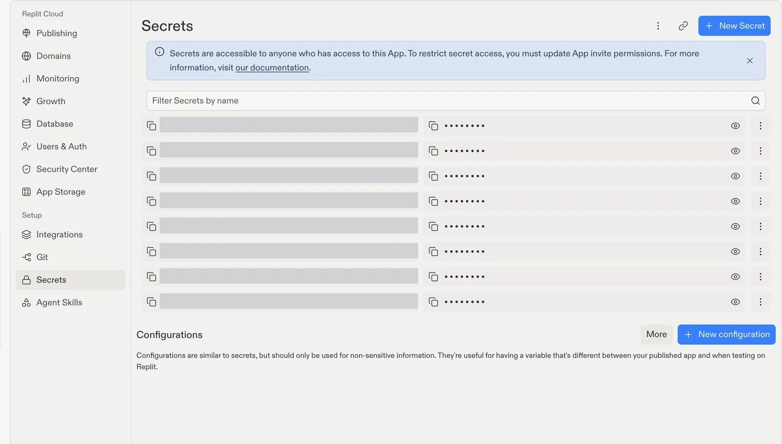 Replit’s Secrets tool, with Secrets in the sidebar and the ⋮ menu highlighted